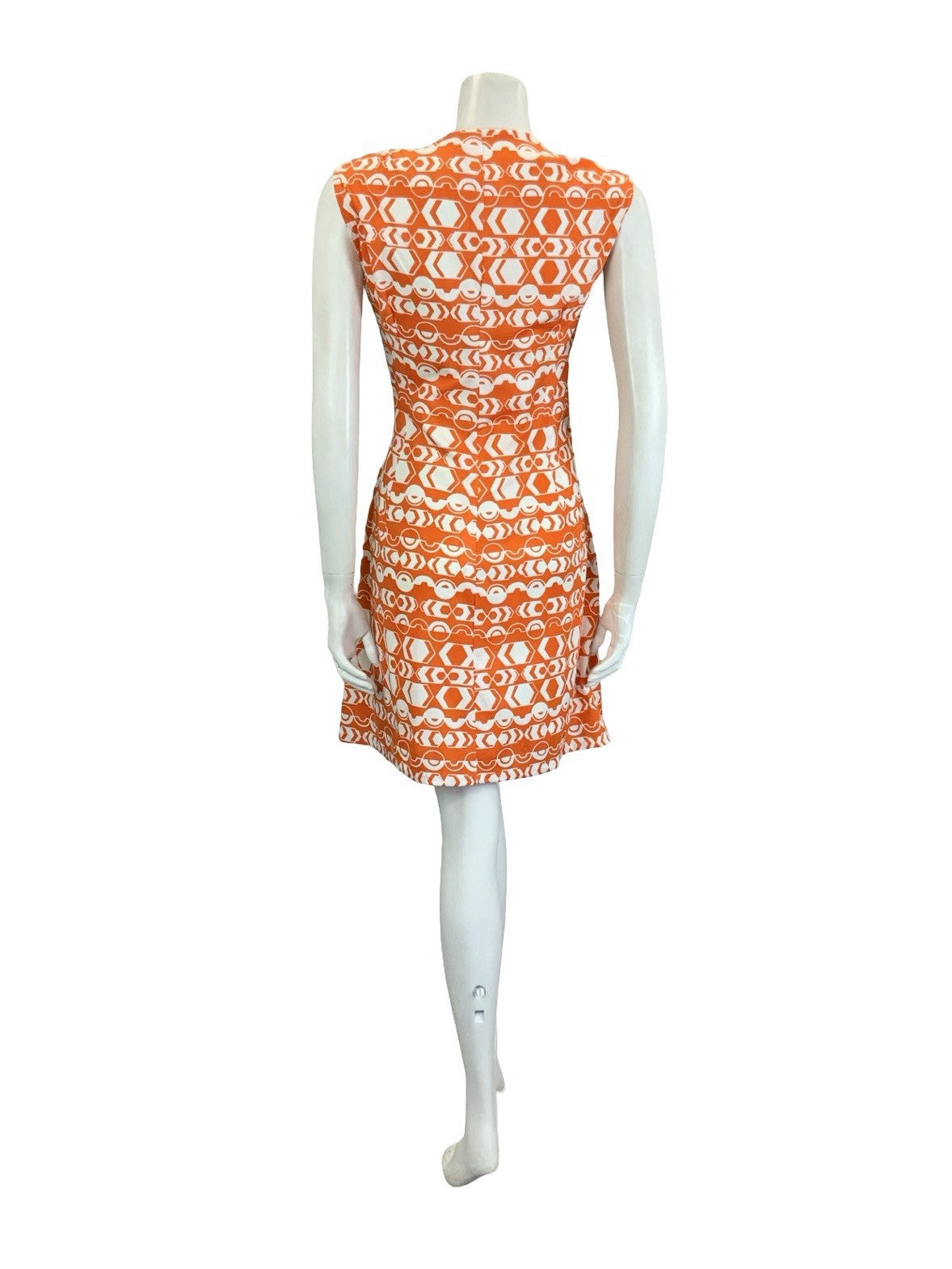 VTG 60S 70S ORANGE WHITE MOD GEOMETRIC V NECK A LINE STRIPE DRESS 10