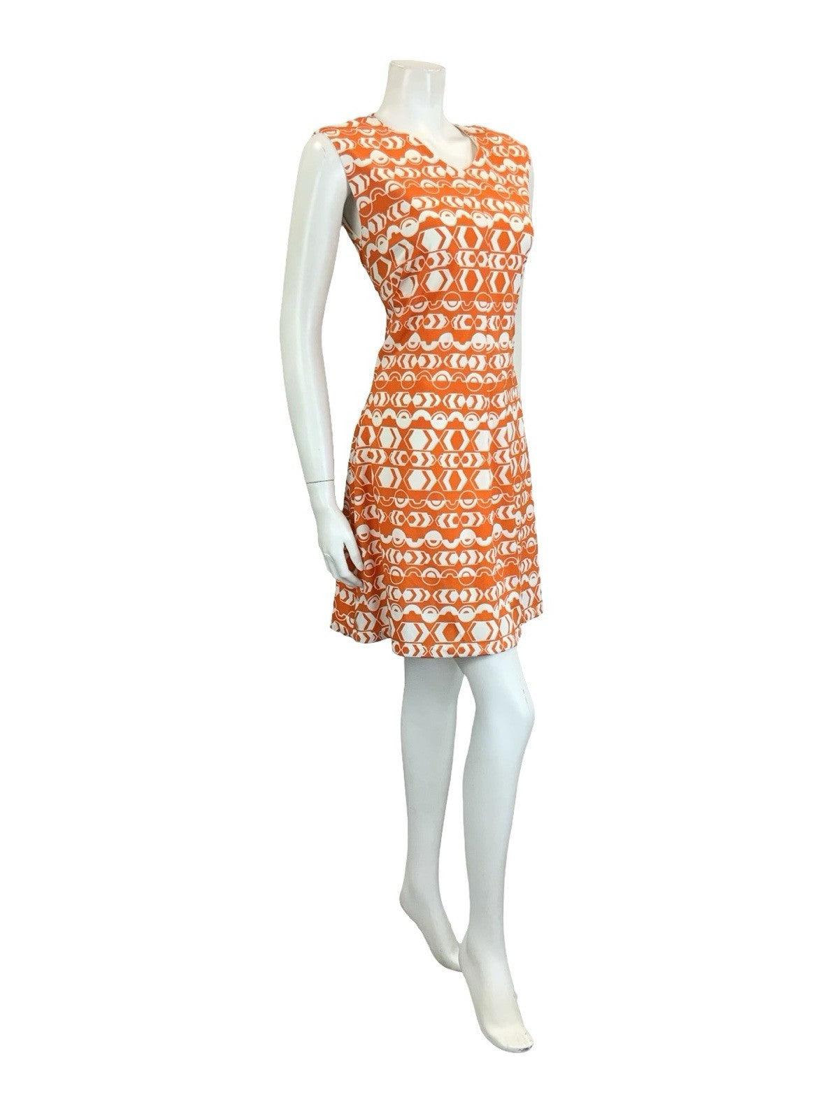 VTG 60S 70S ORANGE WHITE MOD GEOMETRIC V NECK A LINE STRIPE DRESS 10