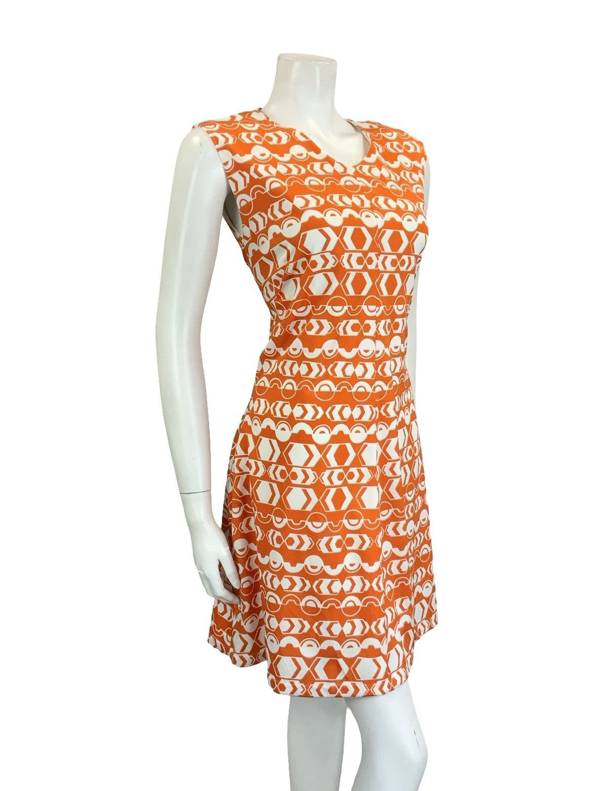 VTG 60S 70S ORANGE WHITE MOD GEOMETRIC V NECK A LINE STRIPE DRESS 10