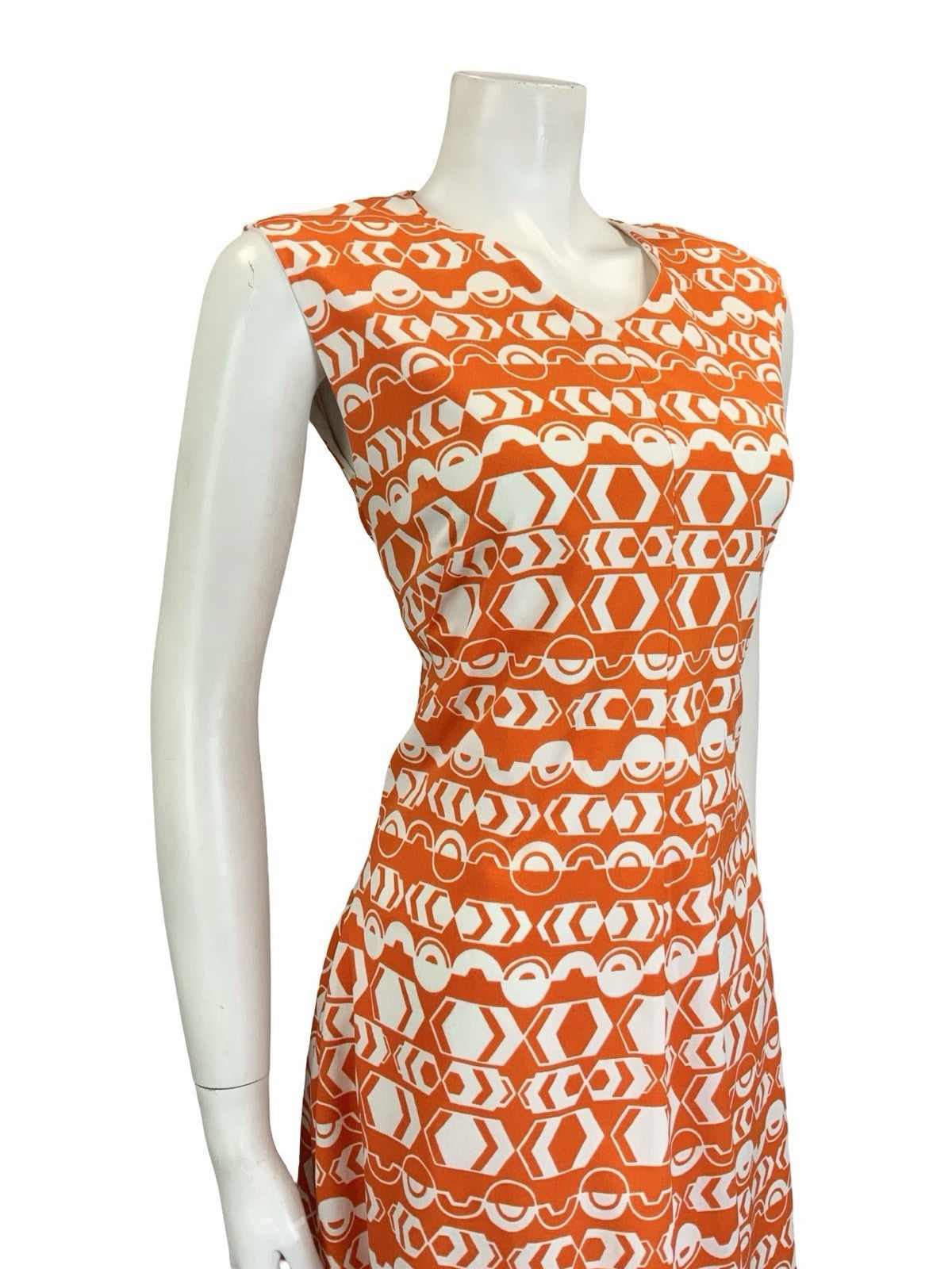 VTG 60S 70S ORANGE WHITE MOD GEOMETRIC V NECK A LINE STRIPE DRESS 10