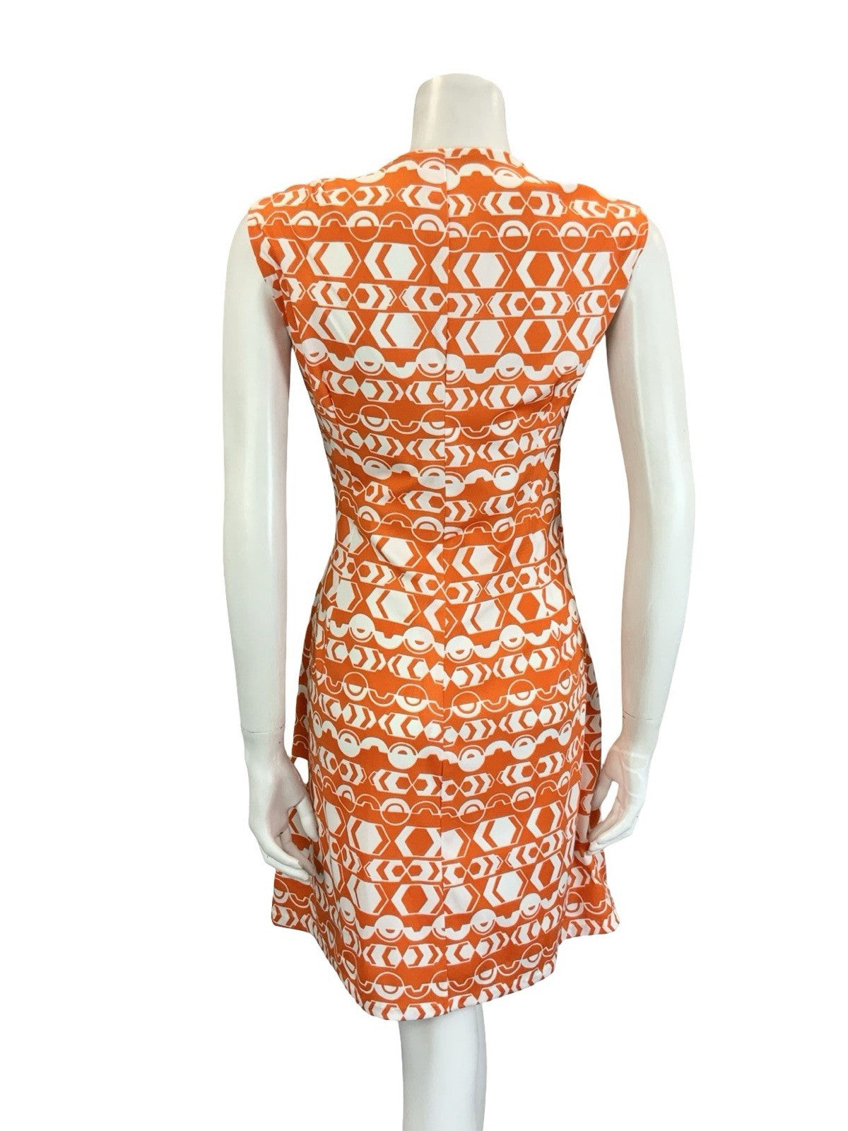 VTG 60S 70S ORANGE WHITE MOD GEOMETRIC V NECK A LINE STRIPE DRESS 10