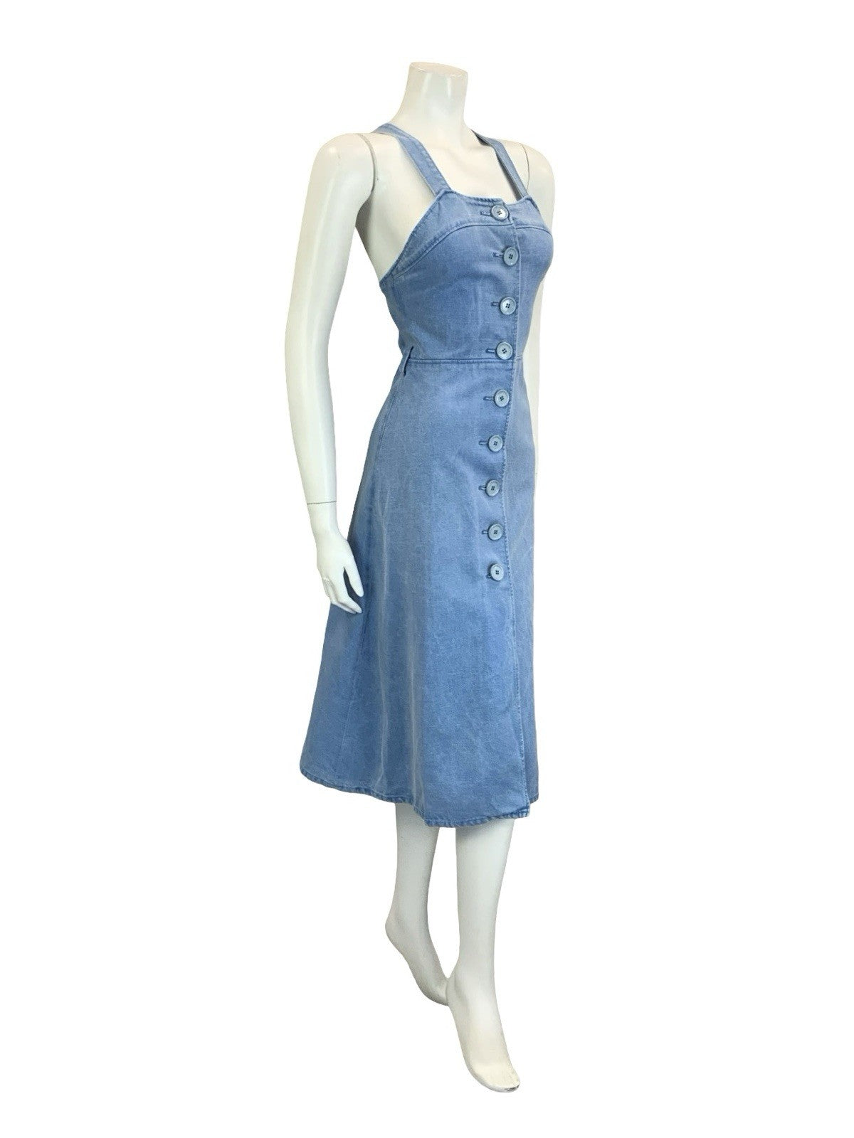 VTG 60S 70S BLUE DENIM BUTTON DOWN STRAPPY CROSS BACK MIDI SUN DRESS 4