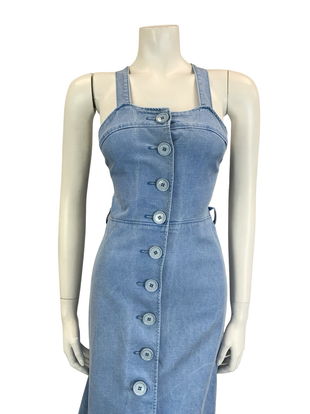 VTG 60S 70S BLUE DENIM BUTTON DOWN STRAPPY CROSS BACK MIDI SUN DRESS 4