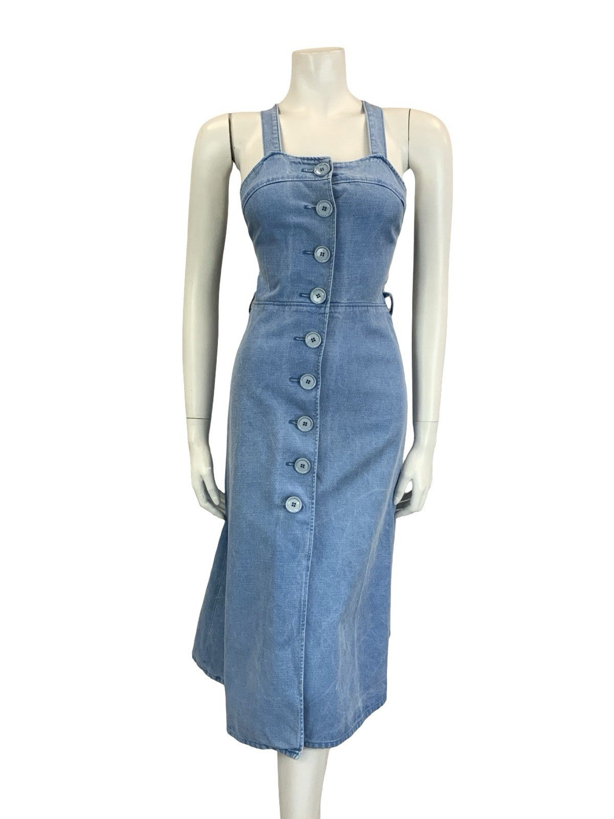 VTG 60S 70S BLUE DENIM BUTTON DOWN STRAPPY CROSS BACK MIDI SUN DRESS 4