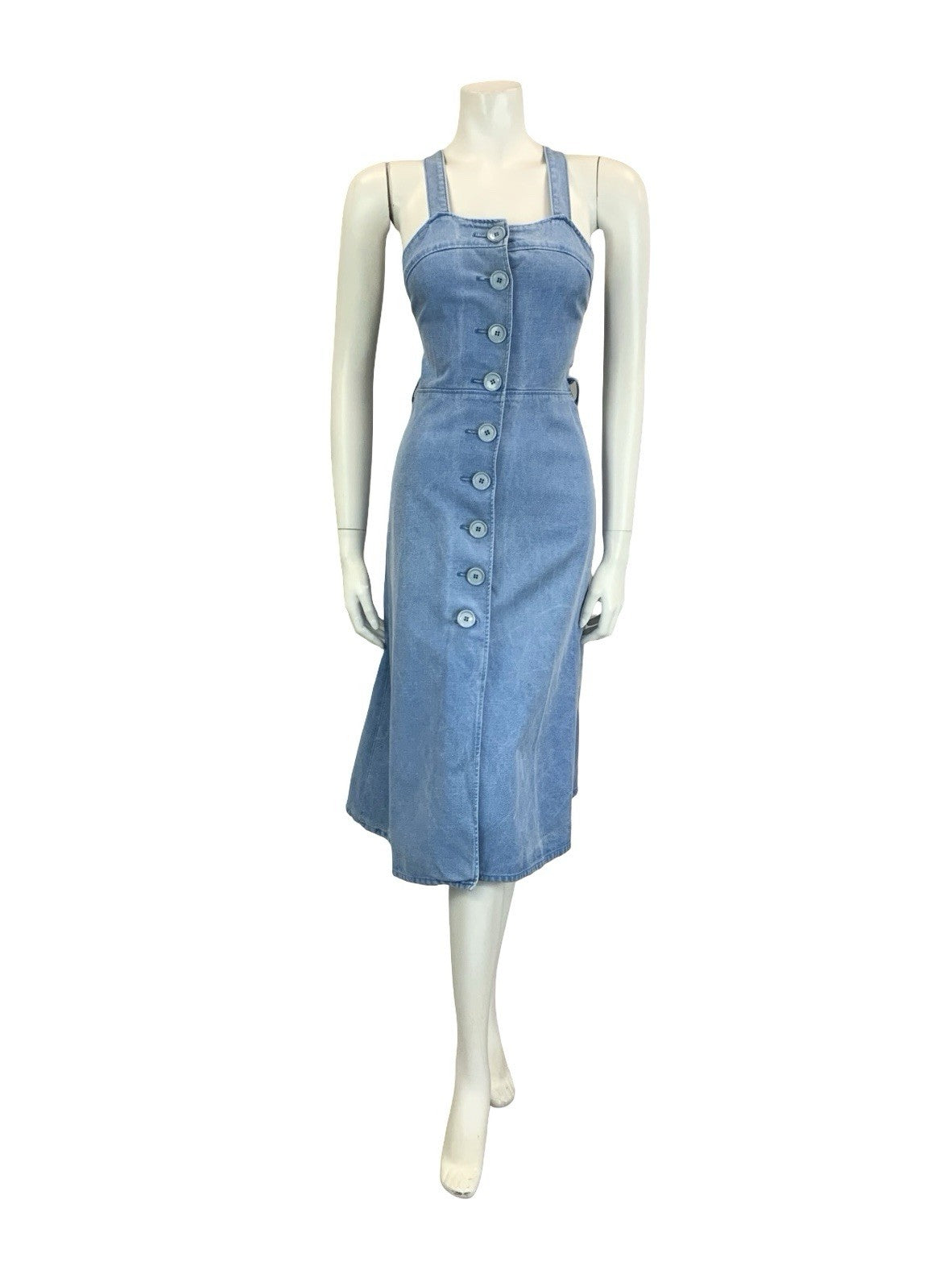VTG 60S 70S BLUE DENIM BUTTON DOWN STRAPPY CROSS BACK MIDI SUN DRESS 4