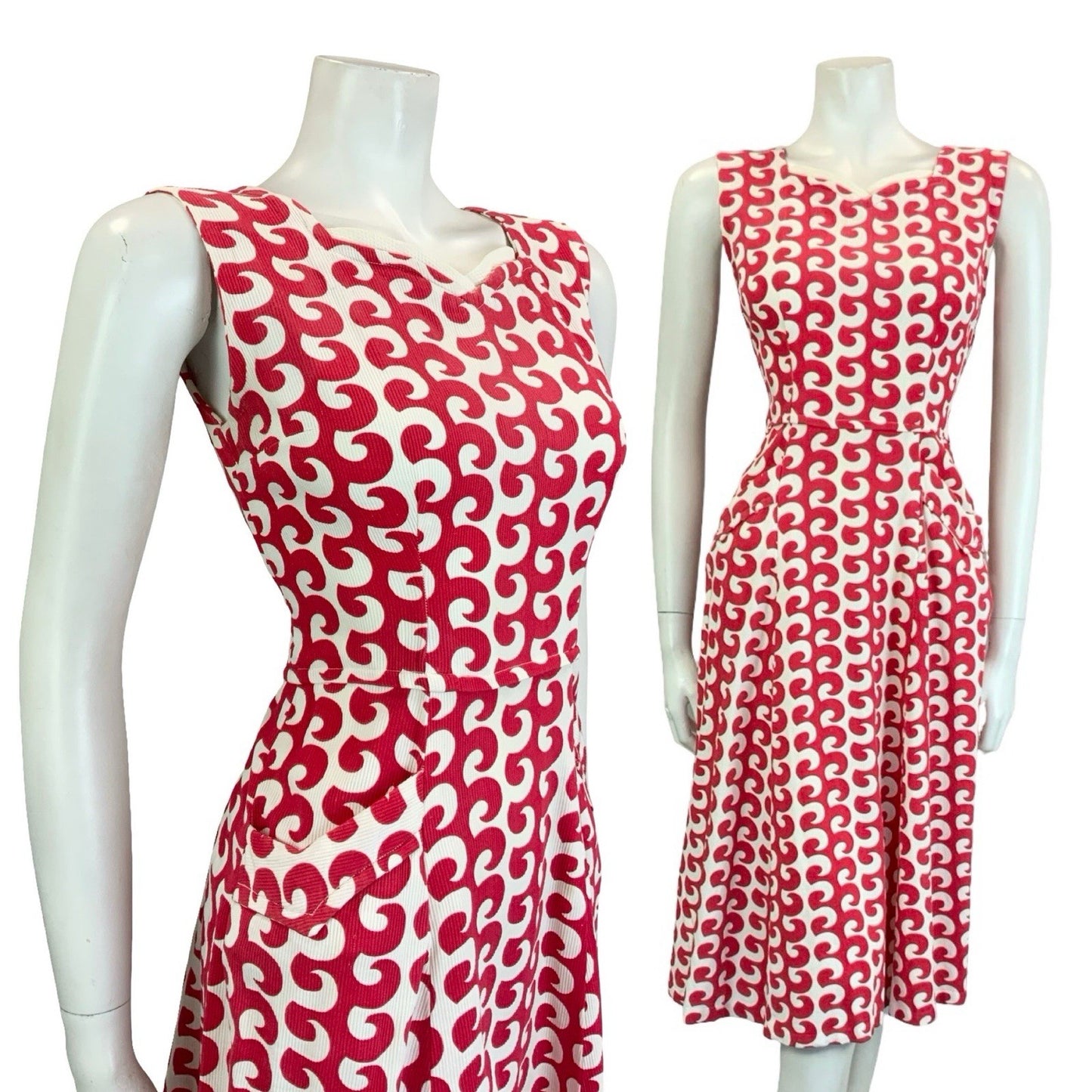VTG 60S 70S RED WHITE GEOMETRIC WAVE SWEETHEART STRAPPY SUN MIDI DRESS S 8 10