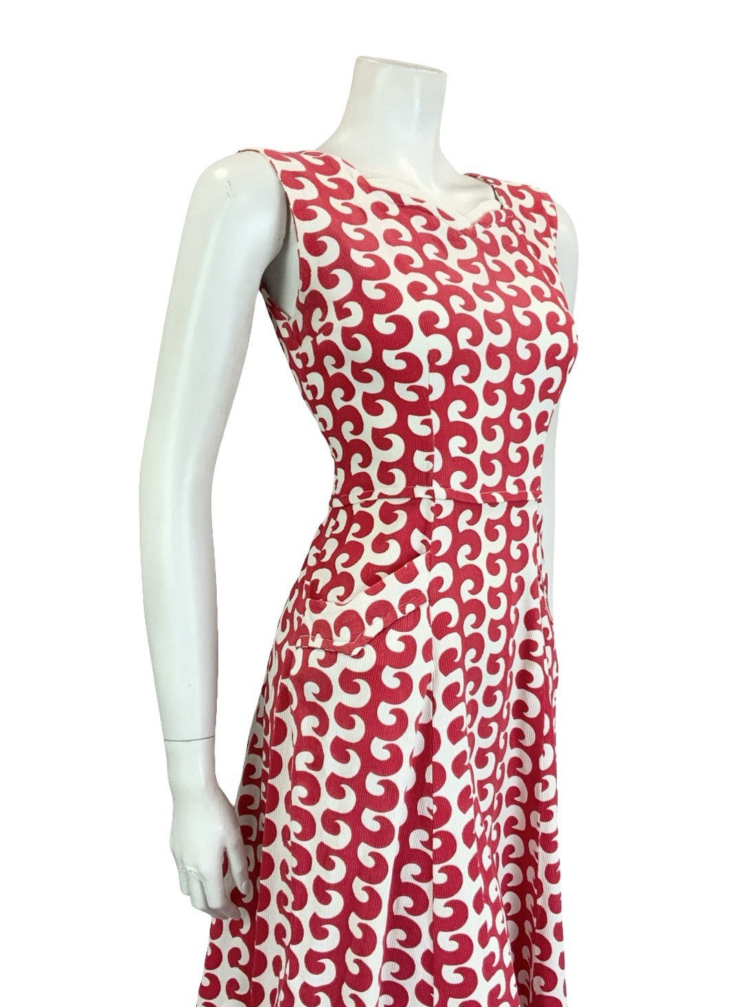 VTG 60S 70S RED WHITE GEOMETRIC WAVE SWEETHEART STRAPPY SUN MIDI DRESS S 8 10