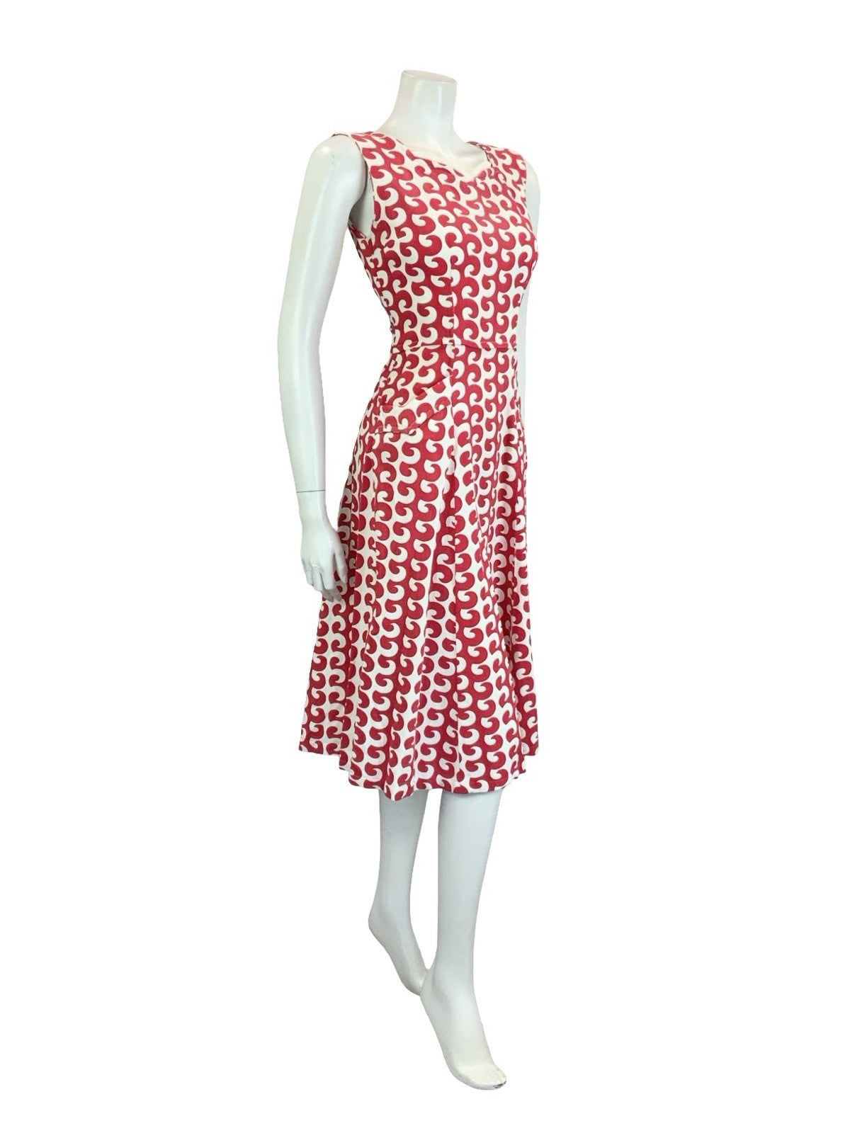 VTG 60S 70S RED WHITE GEOMETRIC WAVE SWEETHEART STRAPPY SUN MIDI DRESS S 8 10