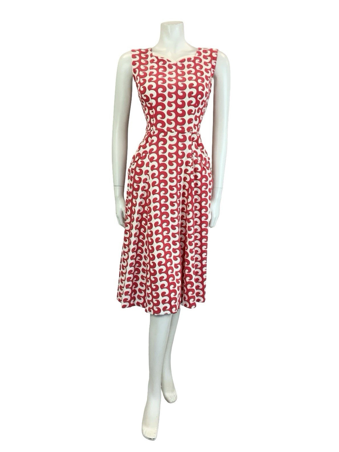 VTG 60S 70S RED WHITE GEOMETRIC WAVE SWEETHEART STRAPPY SUN MIDI DRESS S 8 10