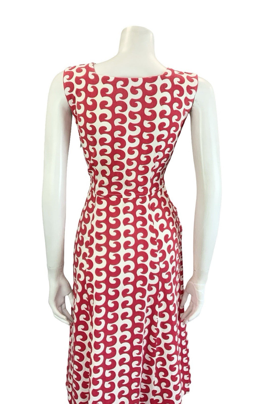 VTG 60S 70S RED WHITE GEOMETRIC WAVE SWEETHEART STRAPPY SUN MIDI DRESS S 8 10