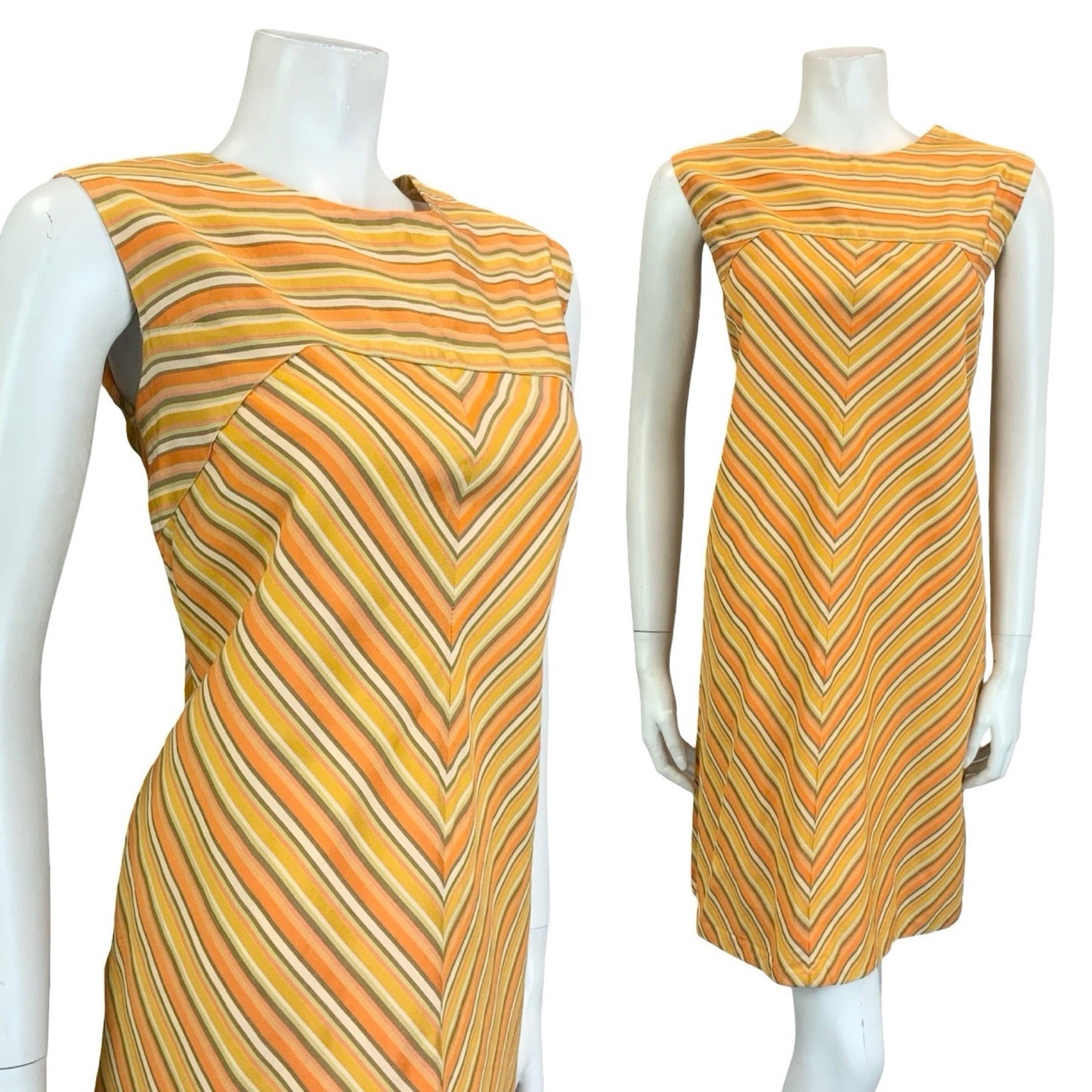 VTG 60S 70S ORANGE GREEN CREAM STRIPED CHEVRON MOD GEOMETRIC SHIFT DRESS 10
