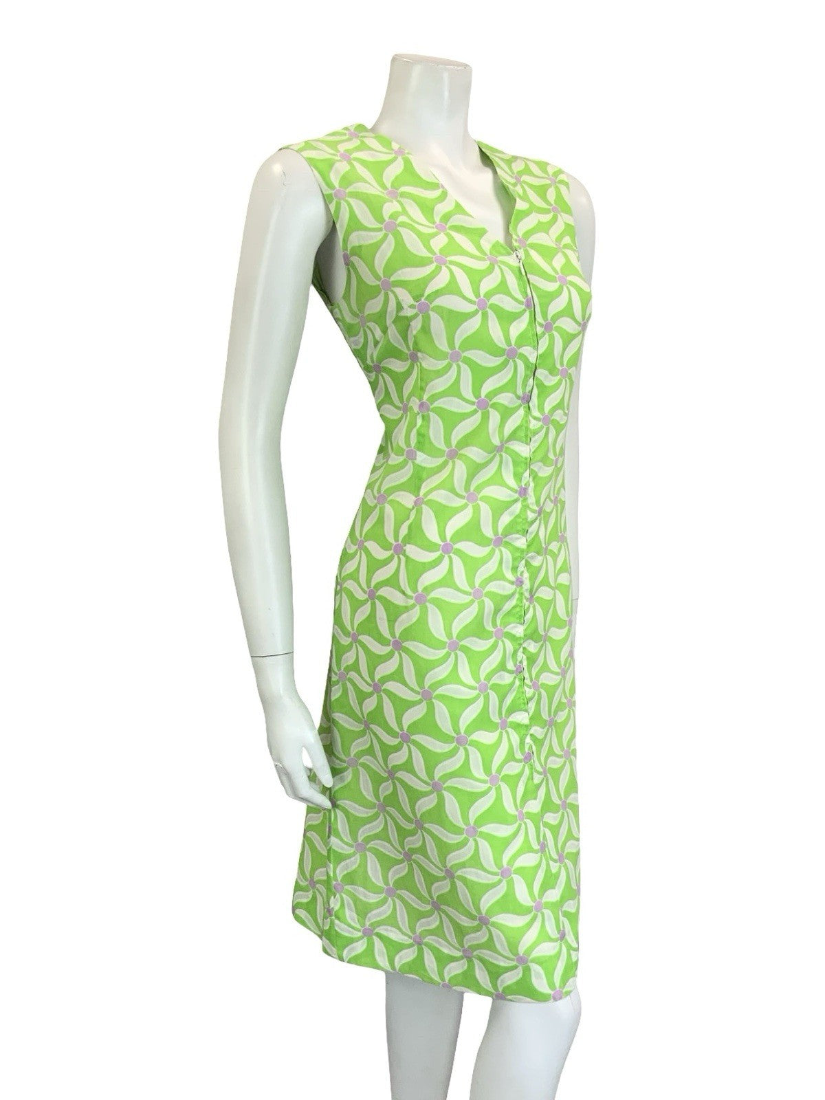 VTG 60S 70S BRIGHT GREEN WHITE PURPLE GEOMETRIC FLORAL SHIFT V NECK DRESS 10 12
