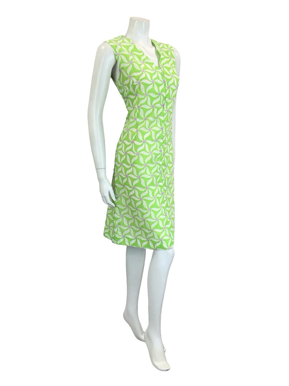 VTG 60S 70S BRIGHT GREEN WHITE PURPLE GEOMETRIC FLORAL SHIFT V NECK DRESS 10 12