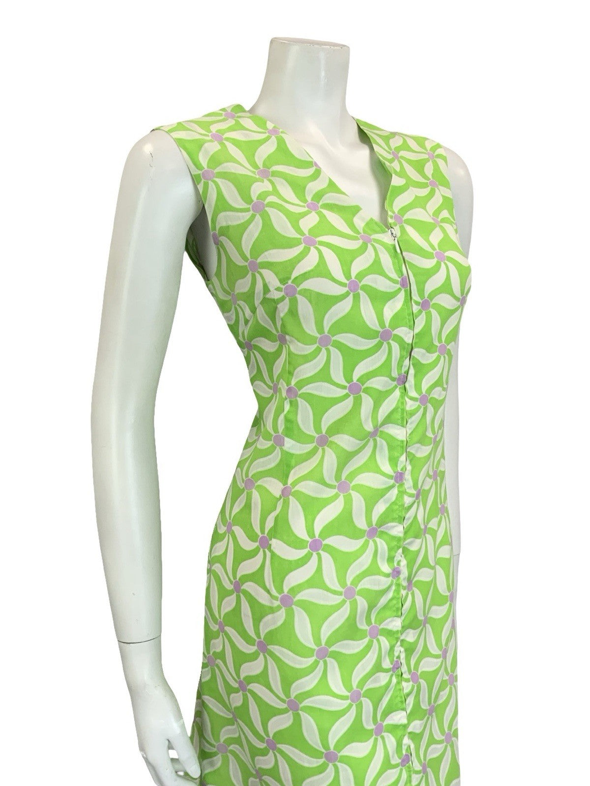 VTG 60S 70S BRIGHT GREEN WHITE PURPLE GEOMETRIC FLORAL SHIFT V NECK DRESS 10 12