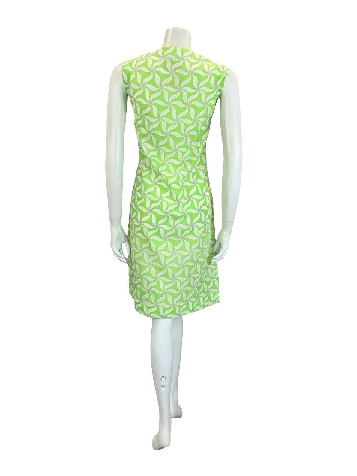 VTG 60S 70S BRIGHT GREEN WHITE PURPLE GEOMETRIC FLORAL SHIFT V NECK DRESS 10 12