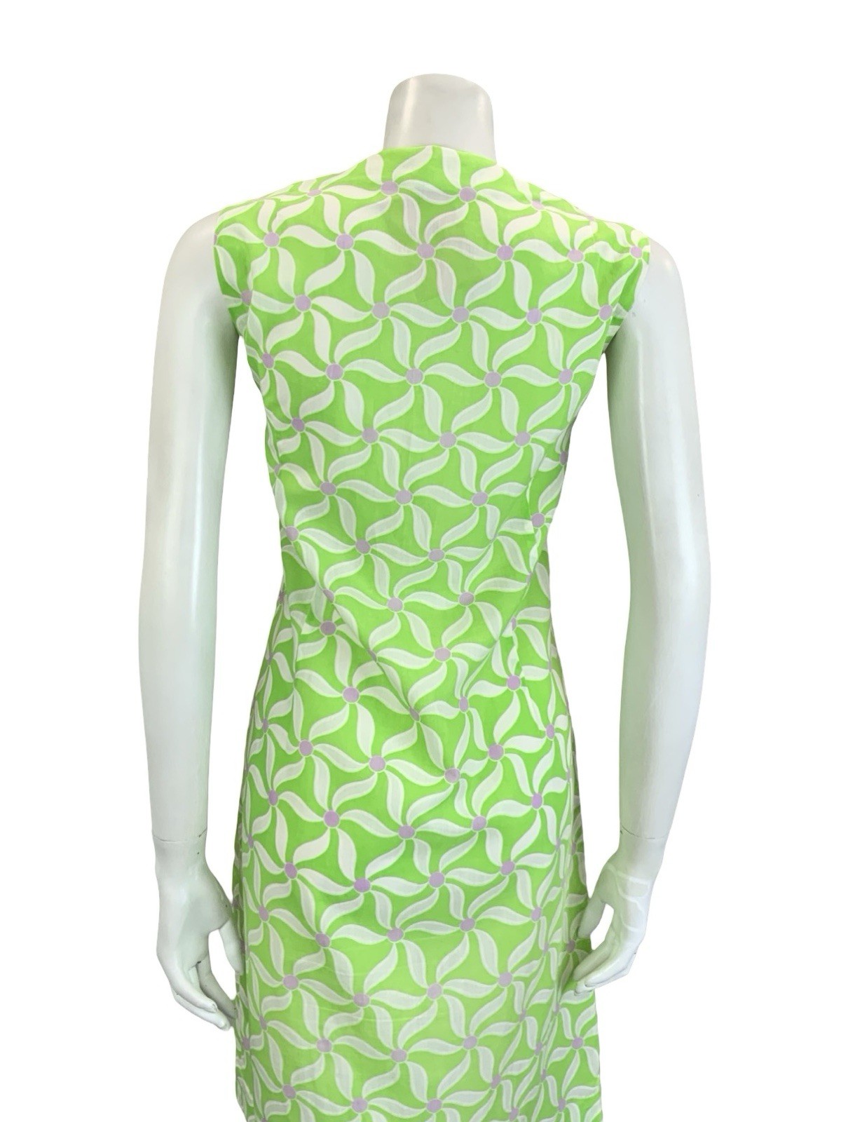 VTG 60S 70S BRIGHT GREEN WHITE PURPLE GEOMETRIC FLORAL SHIFT V NECK DRESS 10 12