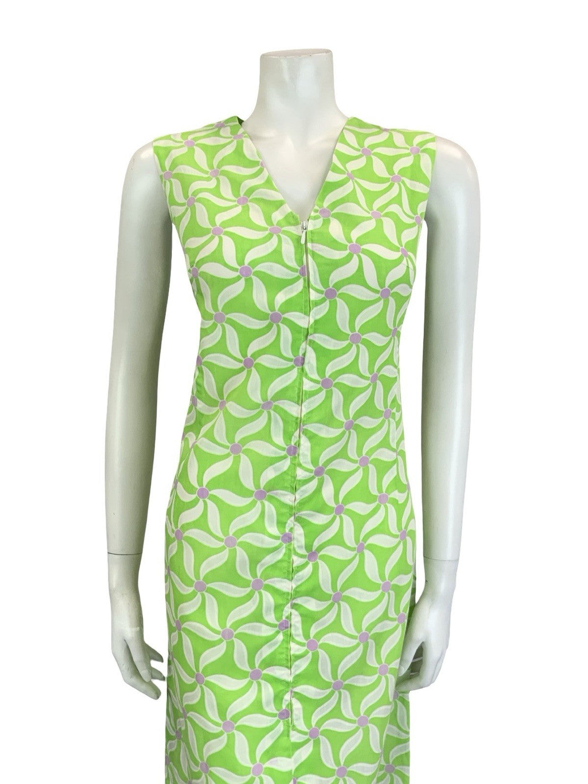 VTG 60S 70S BRIGHT GREEN WHITE PURPLE GEOMETRIC FLORAL SHIFT V NECK DRESS 10 12