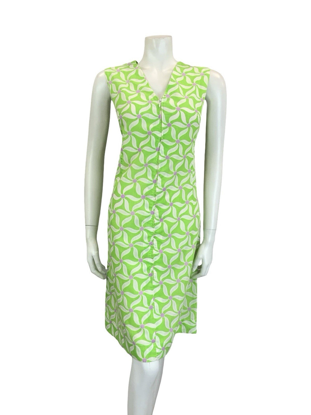 VTG 60S 70S BRIGHT GREEN WHITE PURPLE GEOMETRIC FLORAL SHIFT V NECK DRESS 10 12