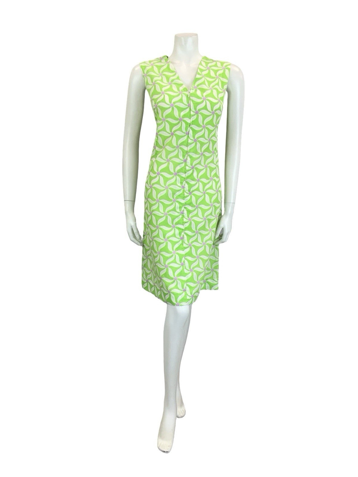 VTG 60S 70S BRIGHT GREEN WHITE PURPLE GEOMETRIC FLORAL SHIFT V NECK DRESS 10 12