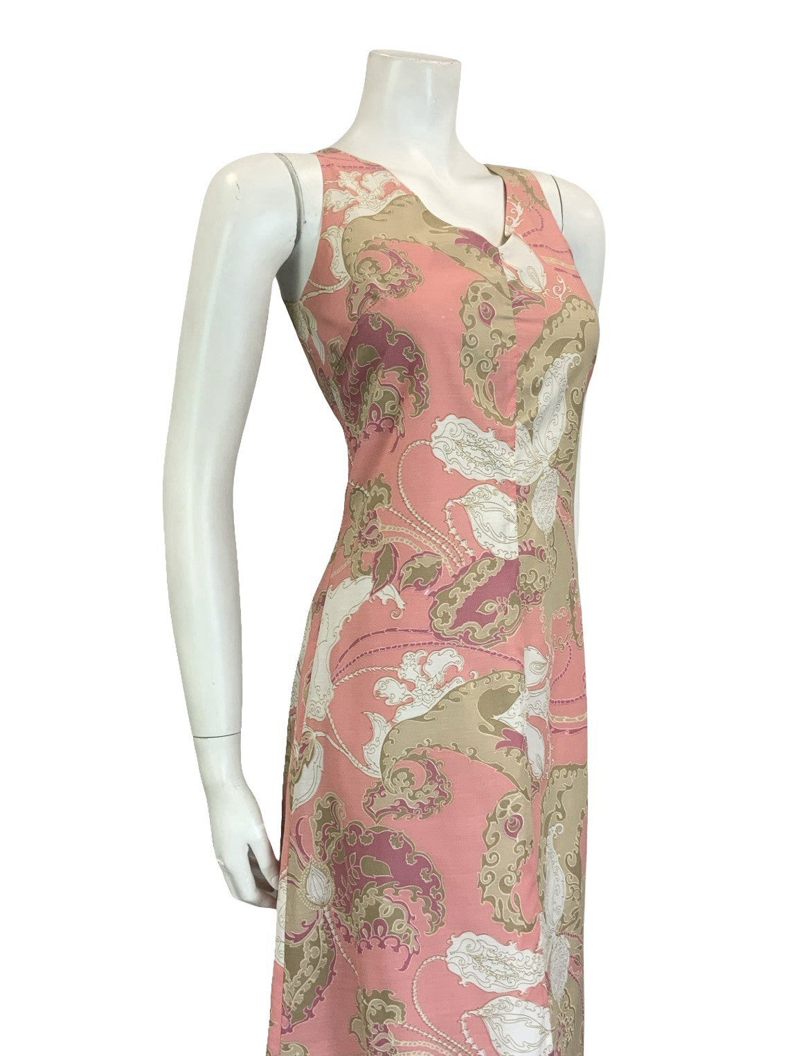VTG 60S 70S PINK BROWN WHITE PSYCHEDELIC SWIRL PAISLEY V NECK MIDI DRESS 10