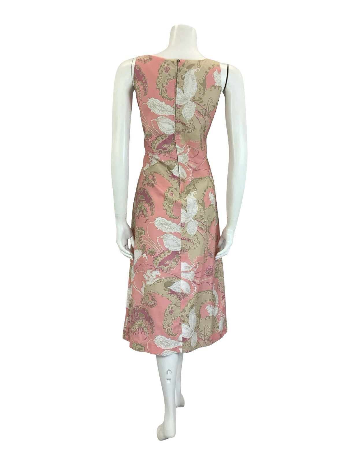 VTG 60S 70S PINK BROWN WHITE PSYCHEDELIC SWIRL PAISLEY V NECK MIDI DRESS 10