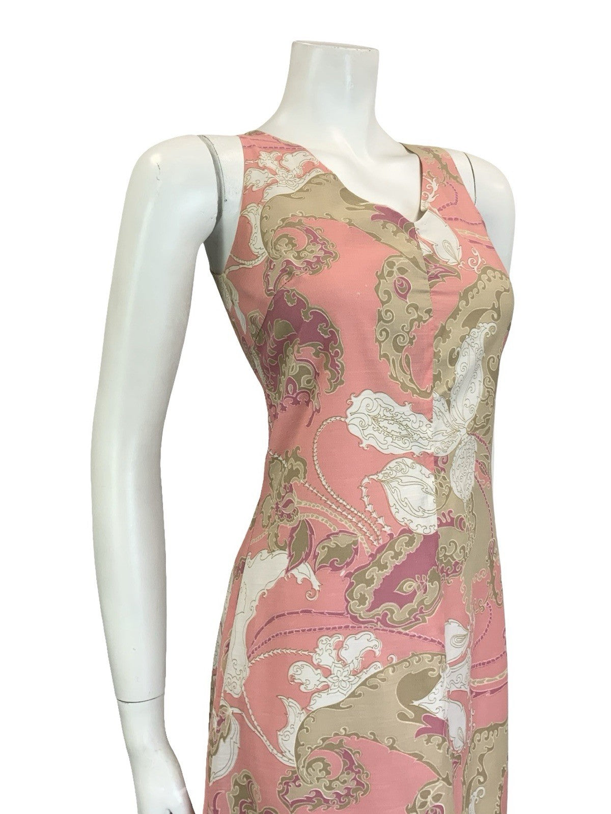 VTG 60S 70S PINK BROWN WHITE PSYCHEDELIC SWIRL PAISLEY V NECK MIDI DRESS 10