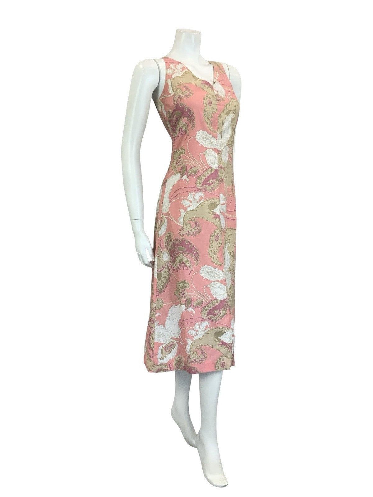 VTG 60S 70S PINK BROWN WHITE PSYCHEDELIC SWIRL PAISLEY V NECK MIDI DRESS 10