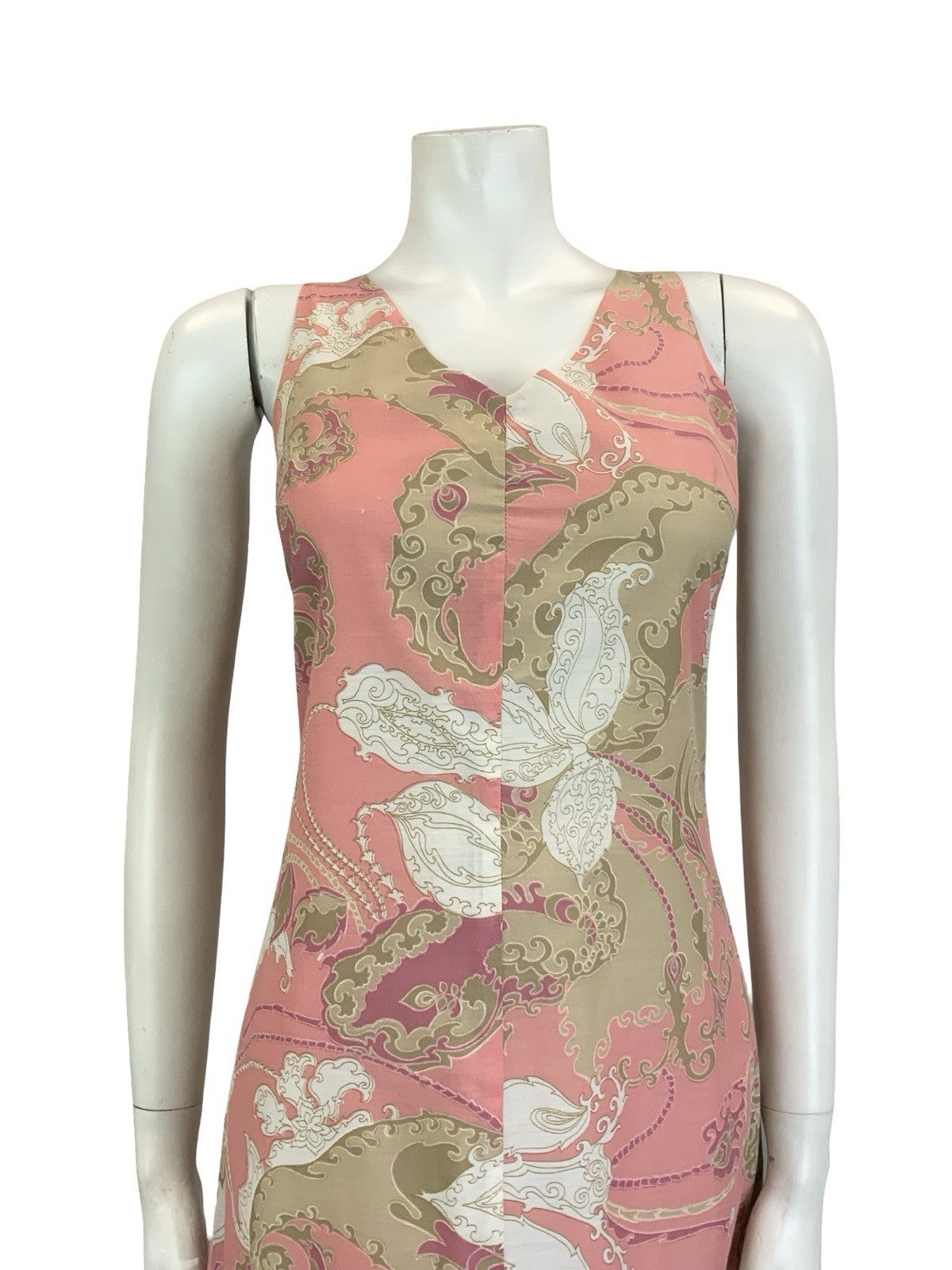 VTG 60S 70S PINK BROWN WHITE PSYCHEDELIC SWIRL PAISLEY V NECK MIDI DRESS 10