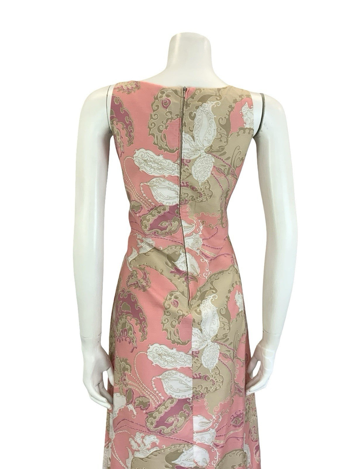 VTG 60S 70S PINK BROWN WHITE PSYCHEDELIC SWIRL PAISLEY V NECK MIDI DRESS 10