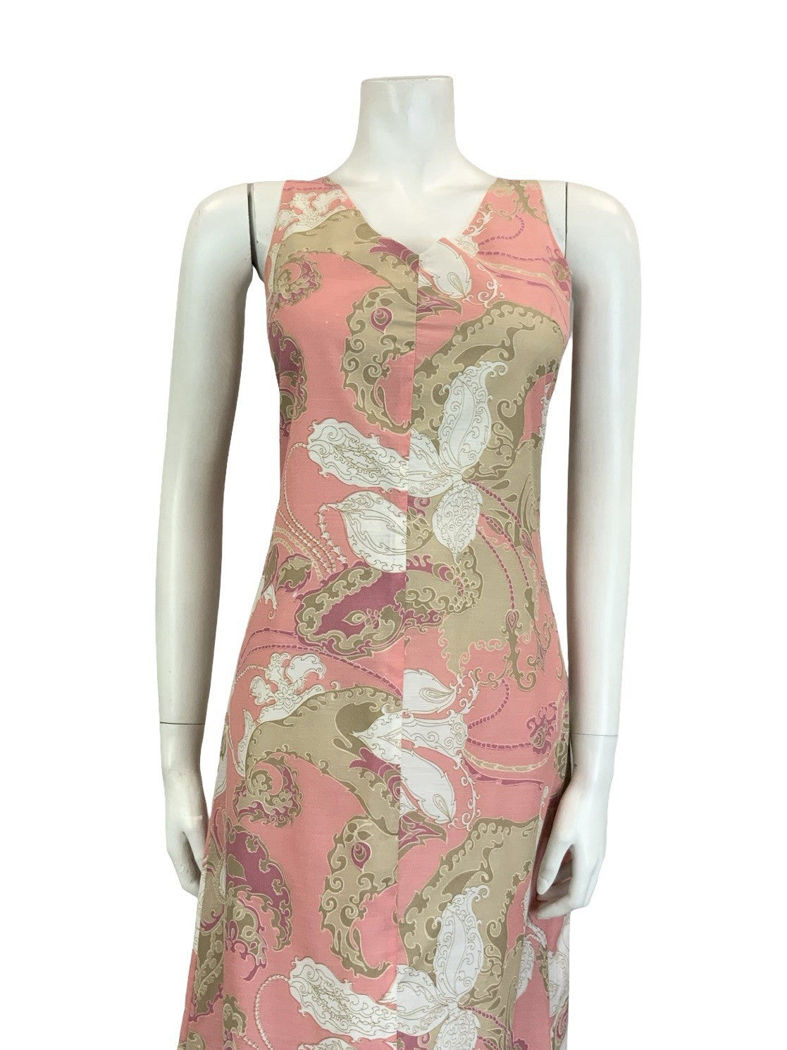 VTG 60S 70S PINK BROWN WHITE PSYCHEDELIC SWIRL PAISLEY V NECK MIDI DRESS 10