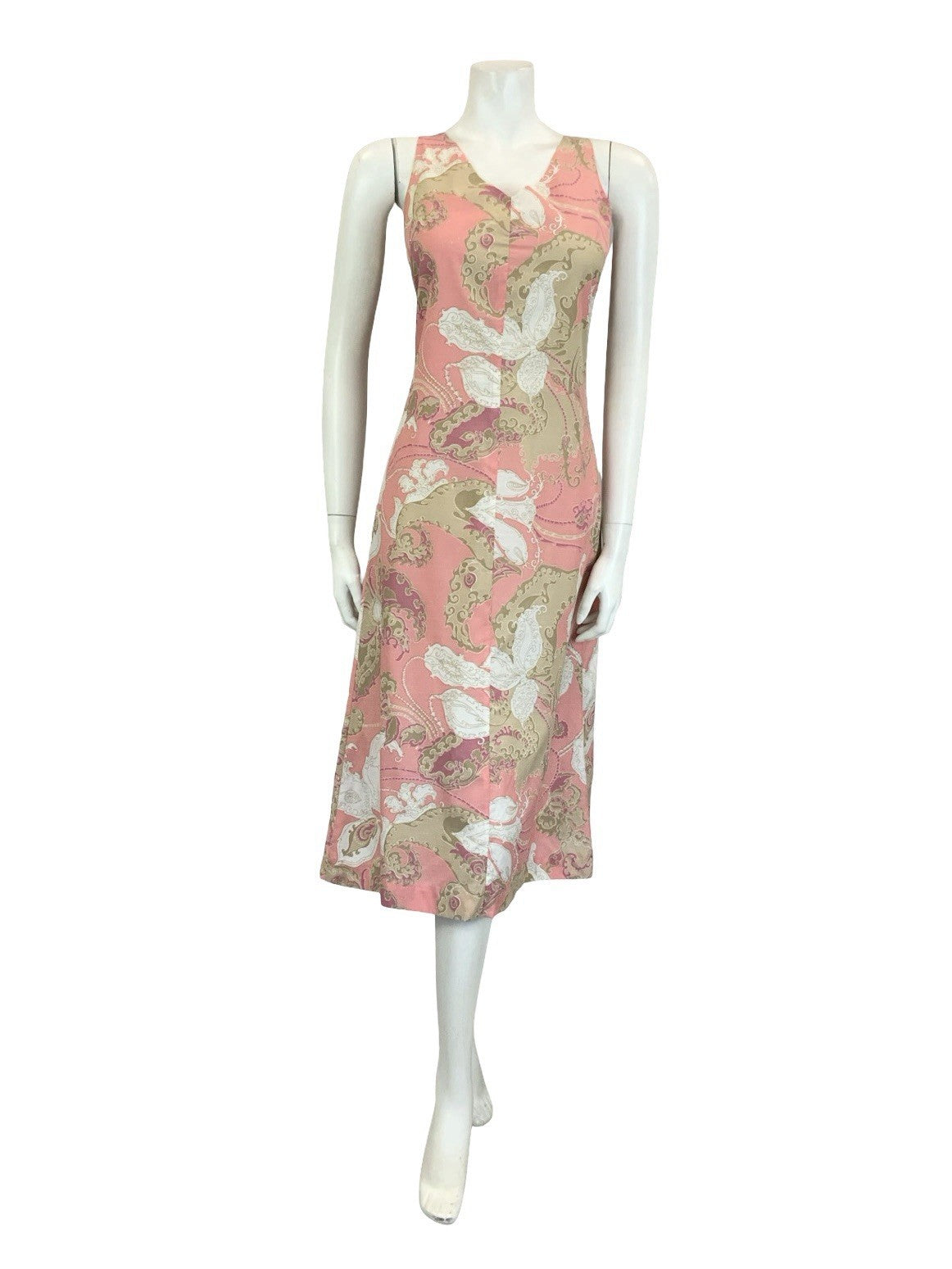 VTG 60S 70S PINK BROWN WHITE PSYCHEDELIC SWIRL PAISLEY V NECK MIDI DRESS 10