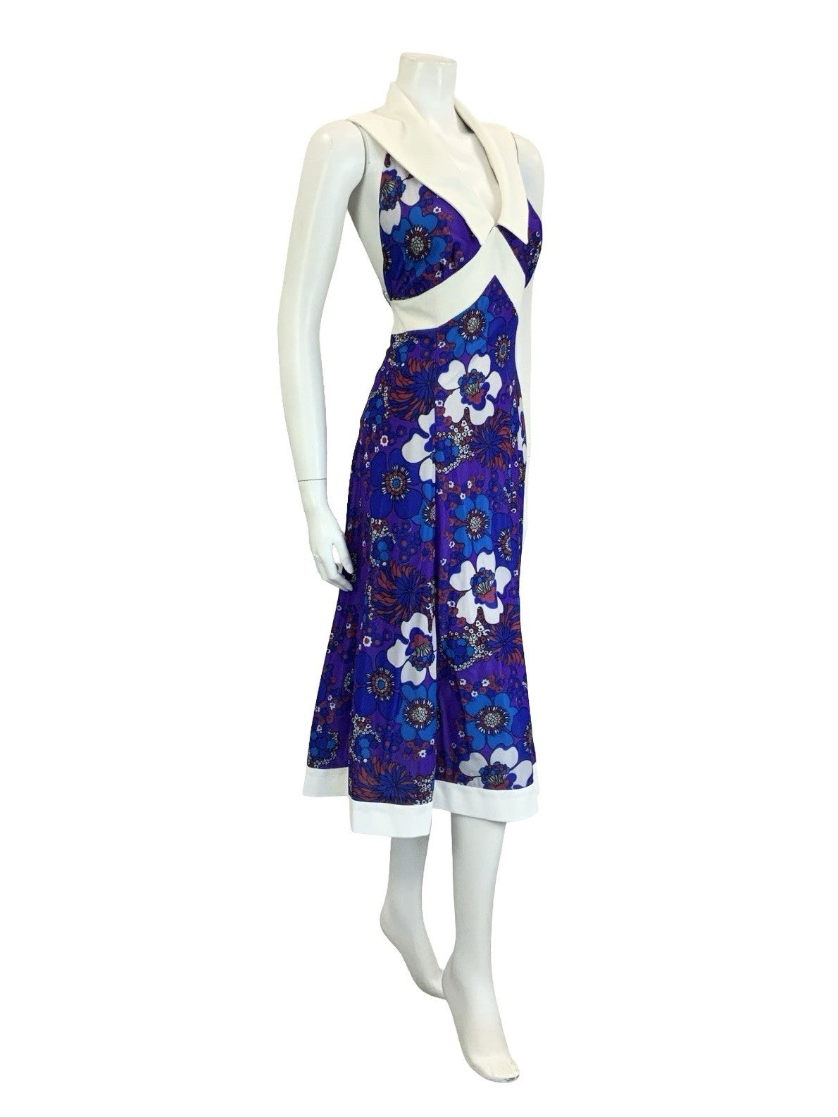 VTG 70S PURPLE BLUE RED WHITE FLORAL PSYCHEDELIC HALTER NECK COLLAR DRESS 18