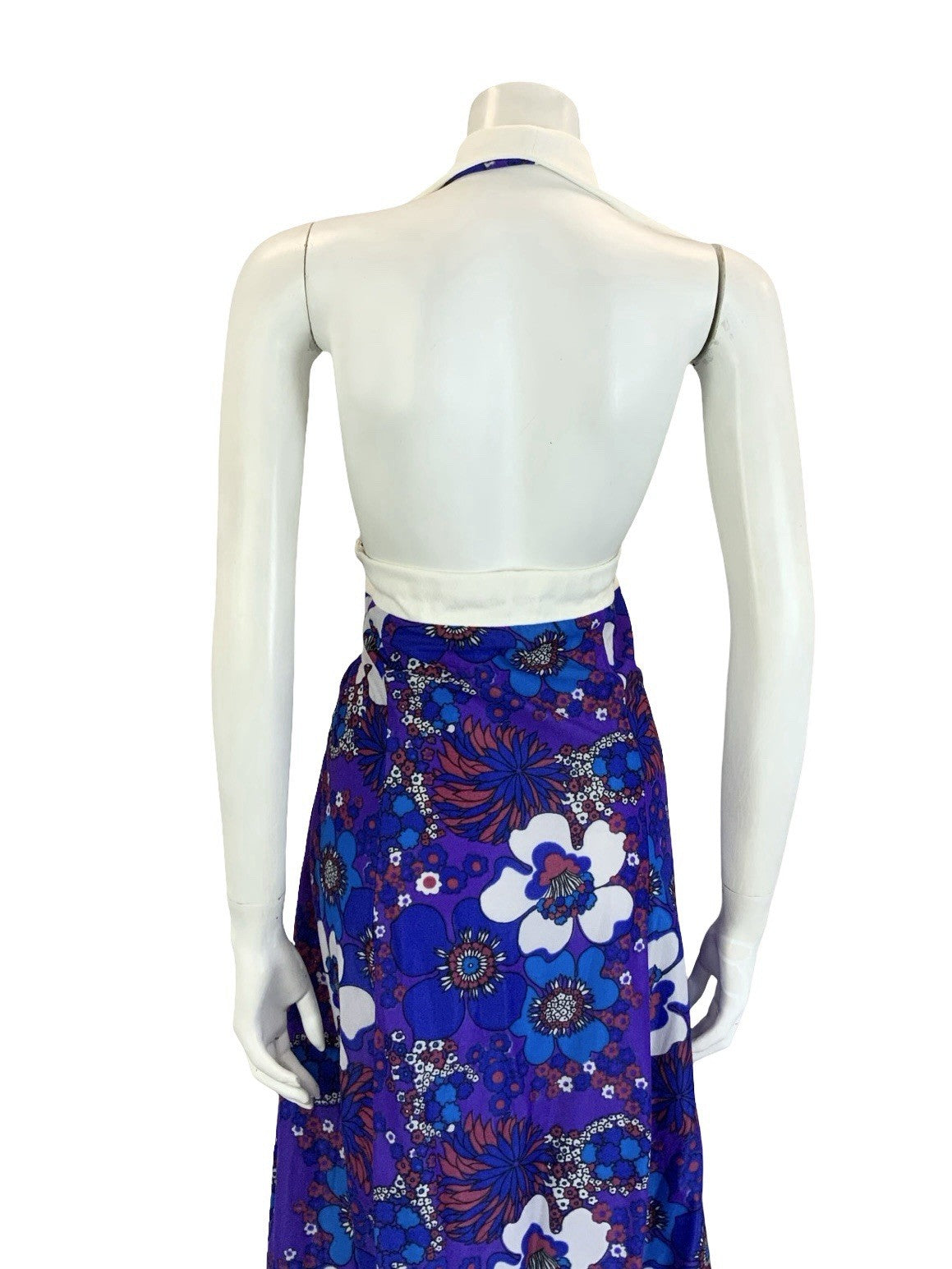 VTG 70S PURPLE BLUE RED WHITE FLORAL PSYCHEDELIC HALTER NECK COLLAR DRESS 18