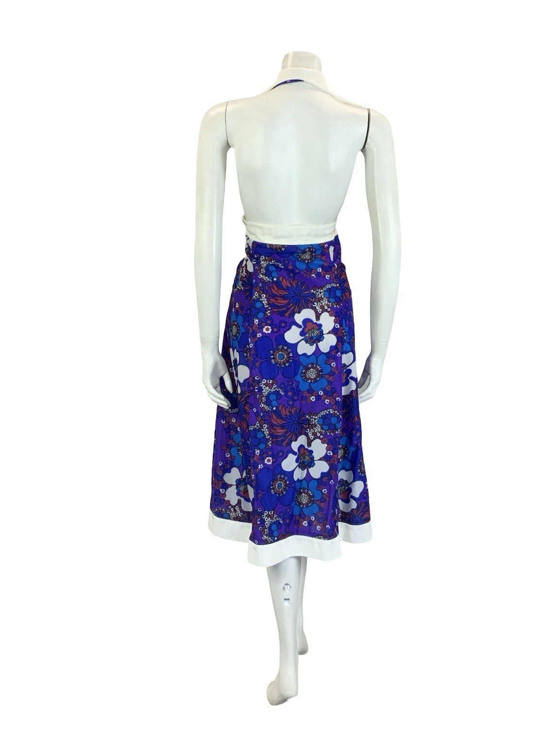 VTG 70S PURPLE BLUE RED WHITE FLORAL PSYCHEDELIC HALTER NECK COLLAR DRESS 18
