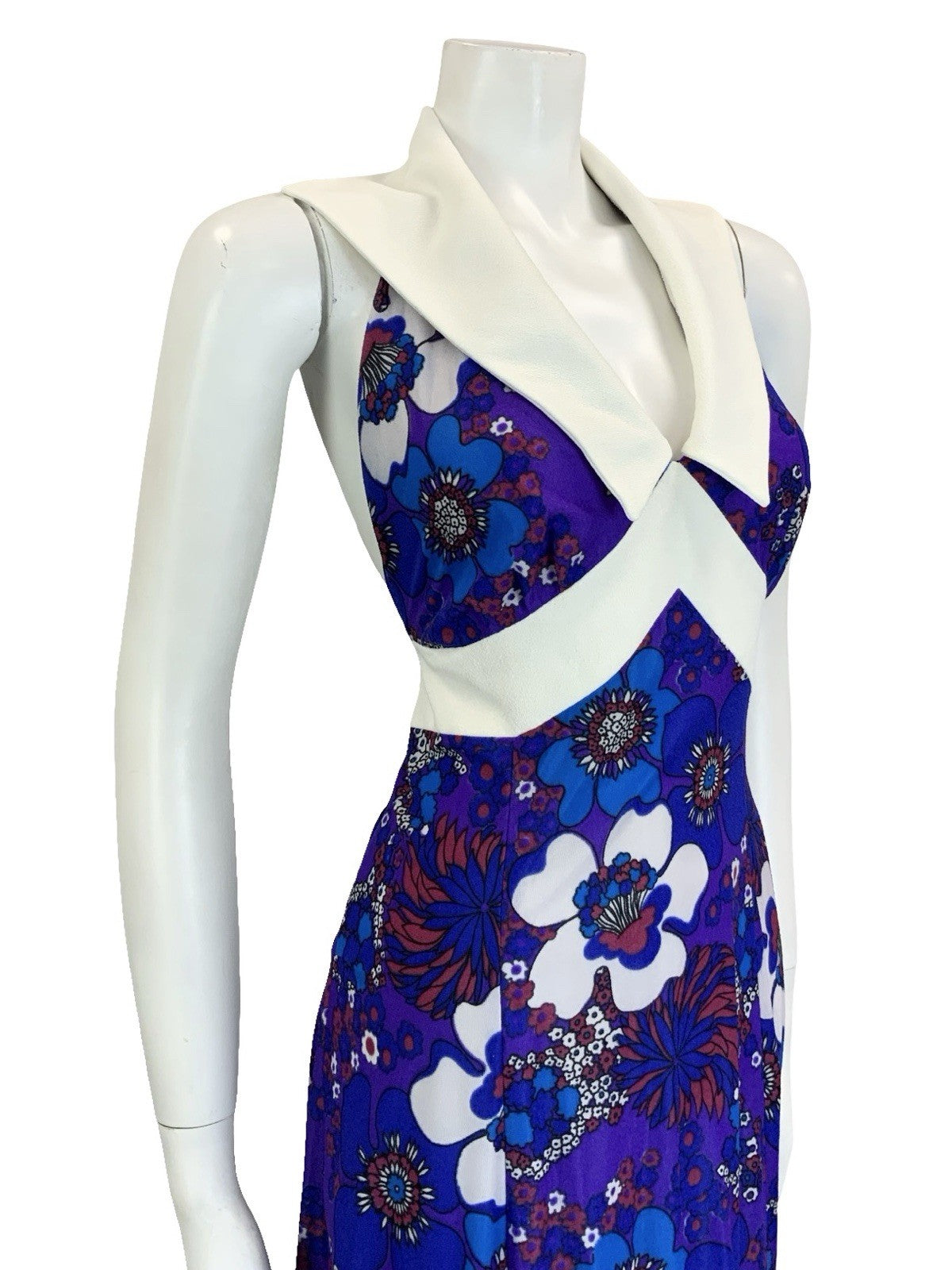 VTG 70S PURPLE BLUE RED WHITE FLORAL PSYCHEDELIC HALTER NECK COLLAR DRESS 18