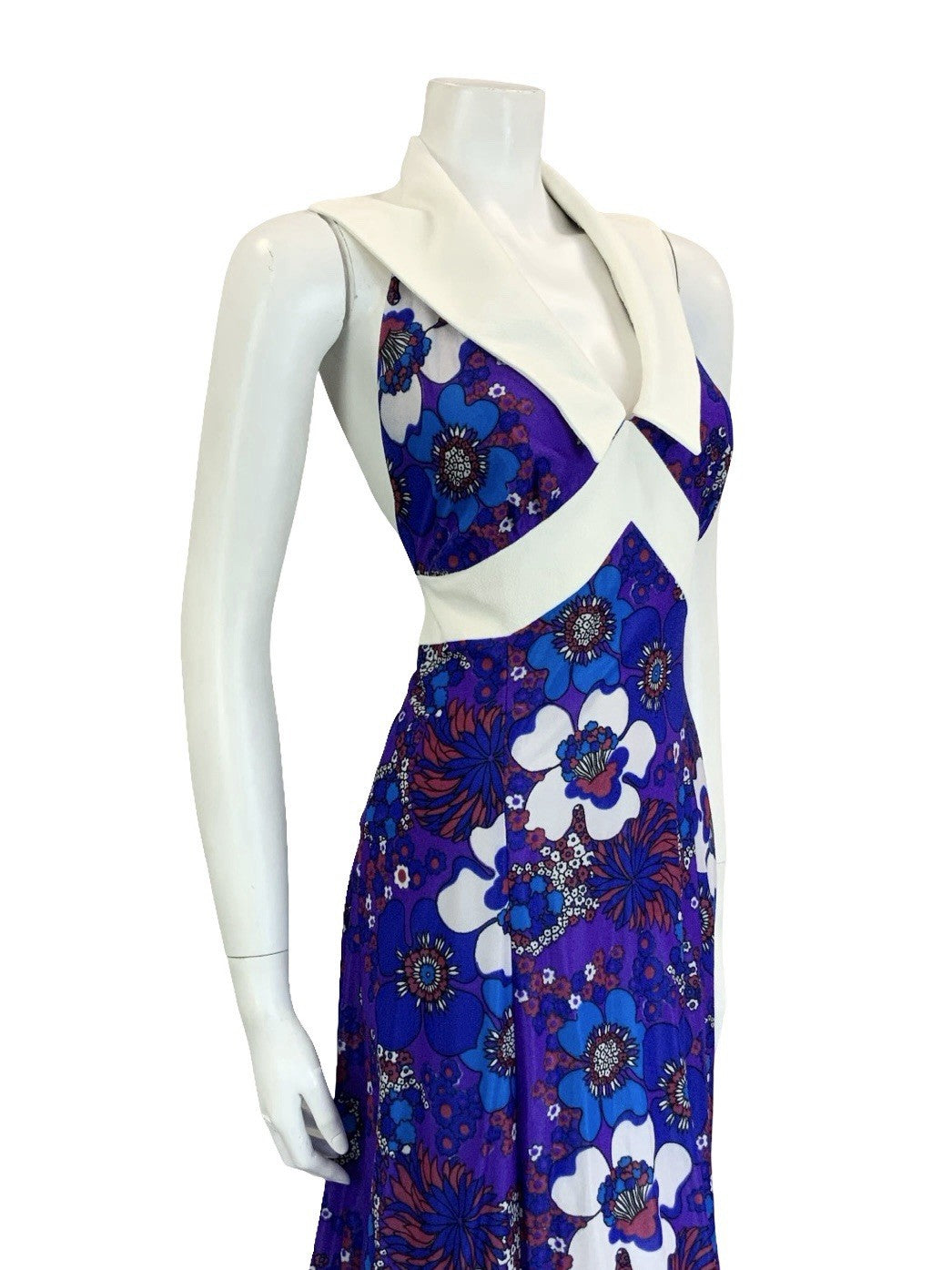 VTG 70S PURPLE BLUE RED WHITE FLORAL PSYCHEDELIC HALTER NECK COLLAR DRESS 18