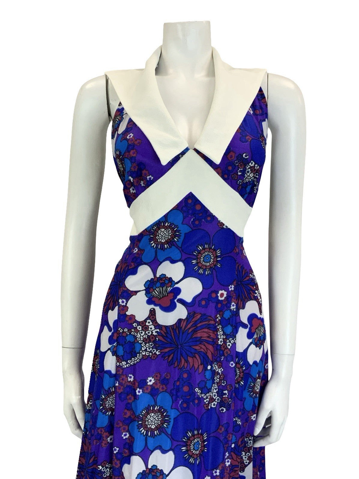 VTG 70S PURPLE BLUE RED WHITE FLORAL PSYCHEDELIC HALTER NECK COLLAR DRESS 18