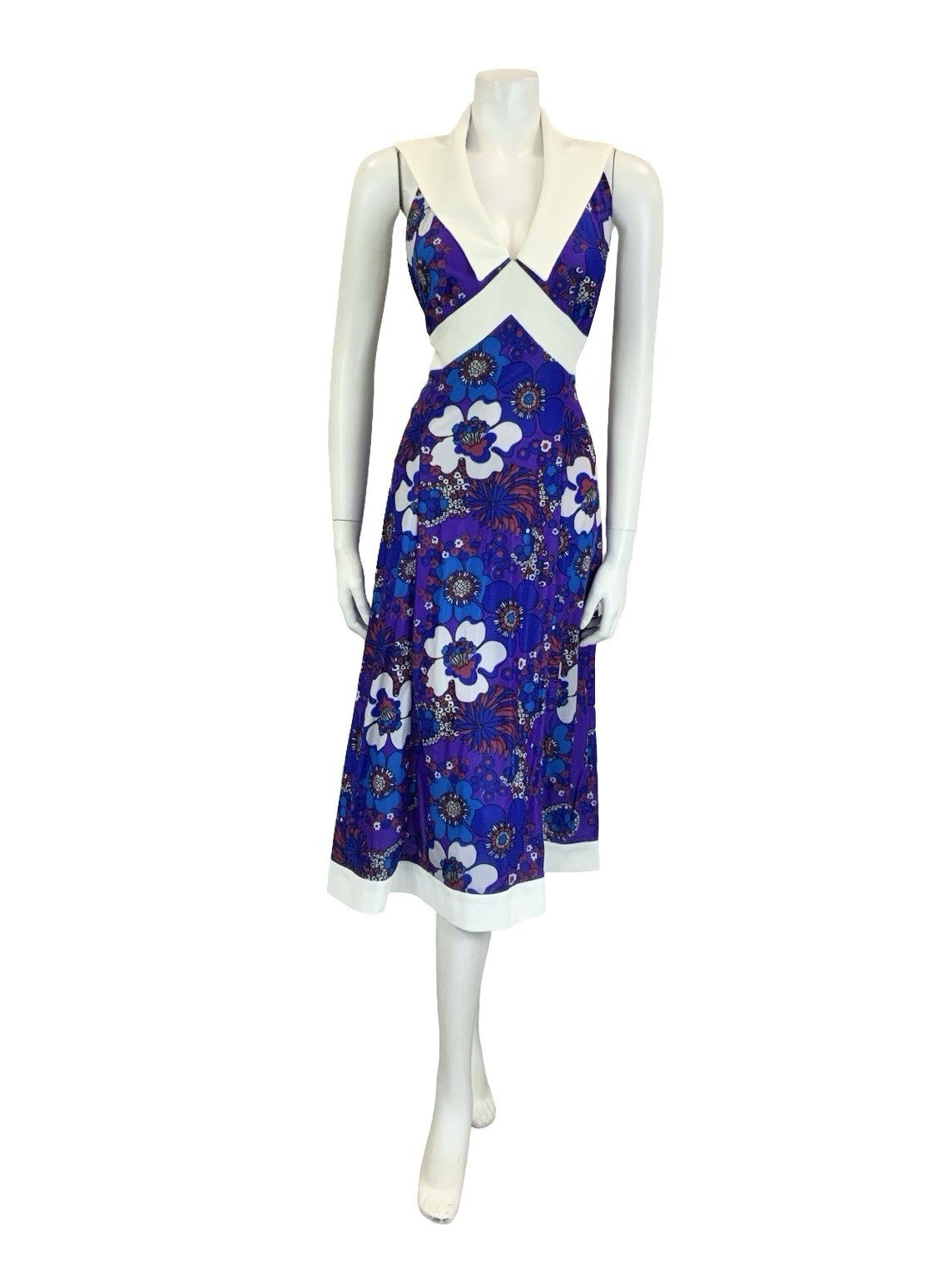VTG 70S PURPLE BLUE RED WHITE FLORAL PSYCHEDELIC HALTER NECK COLLAR DRESS 18