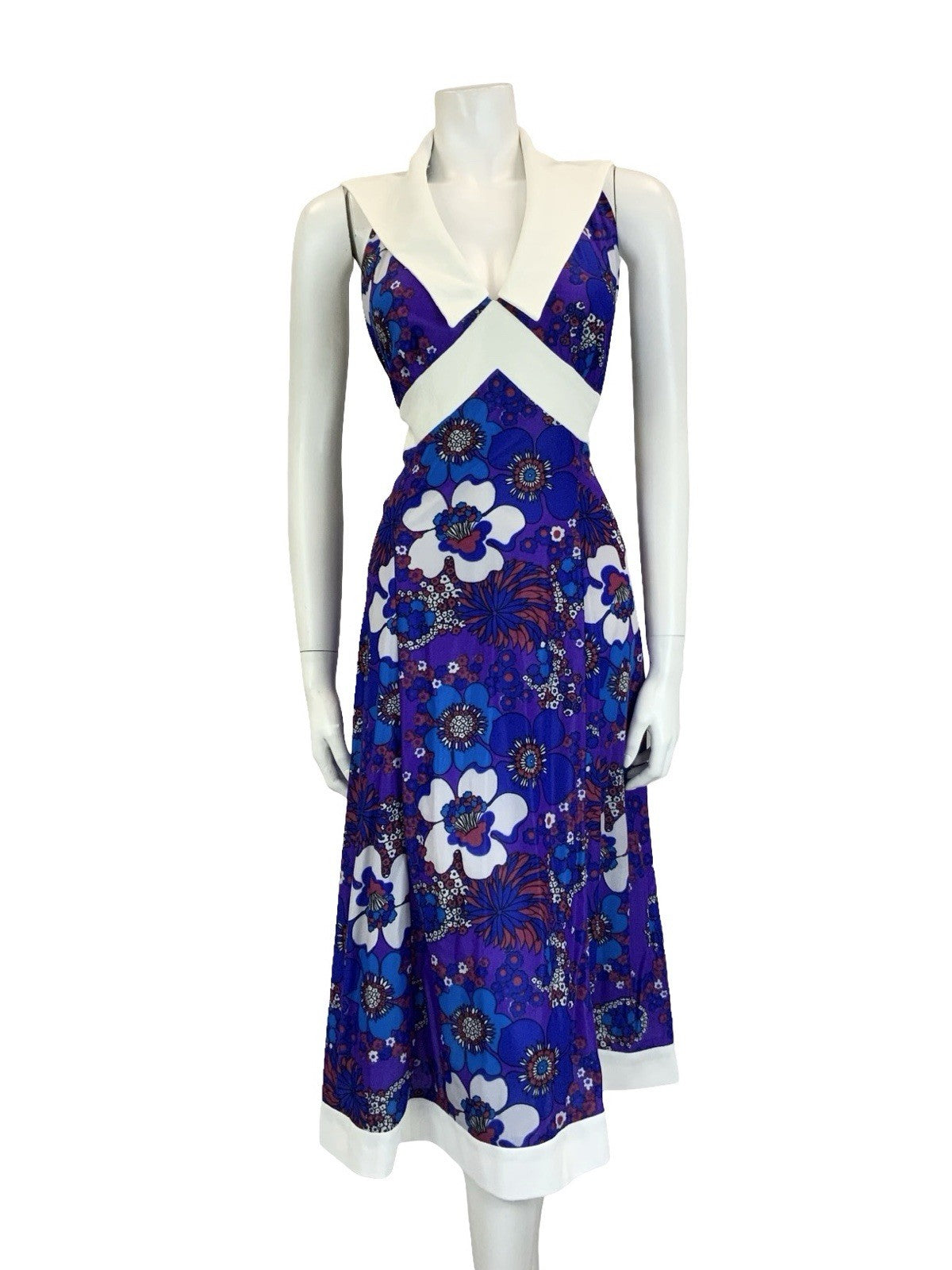 VTG 70S PURPLE BLUE RED WHITE FLORAL PSYCHEDELIC HALTER NECK COLLAR DRESS 18
