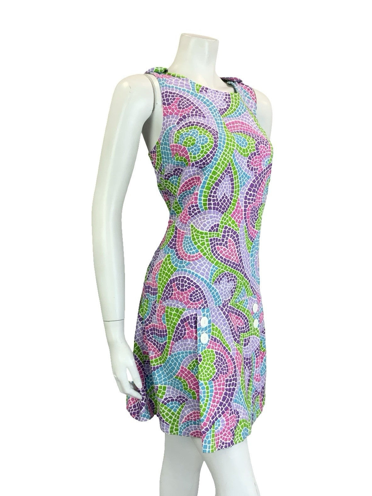 VTG 60S 70S PURPLE GREEN PINK BLUE DOUBLE BREAST MOSAIC SKORT PLAYSUIT 10 12