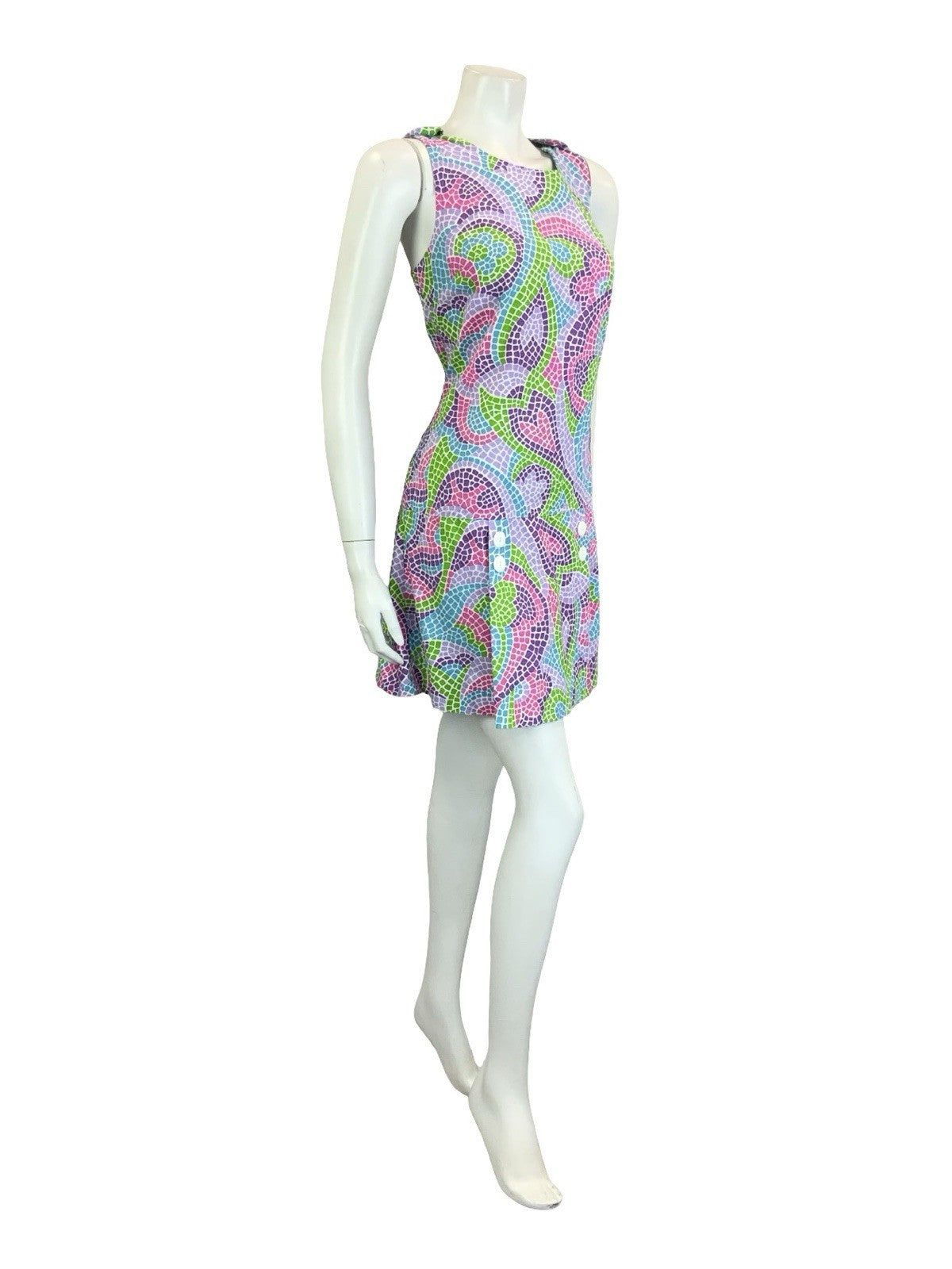 VTG 60S 70S PURPLE GREEN PINK BLUE DOUBLE BREAST MOSAIC SKORT PLAYSUIT 10 12