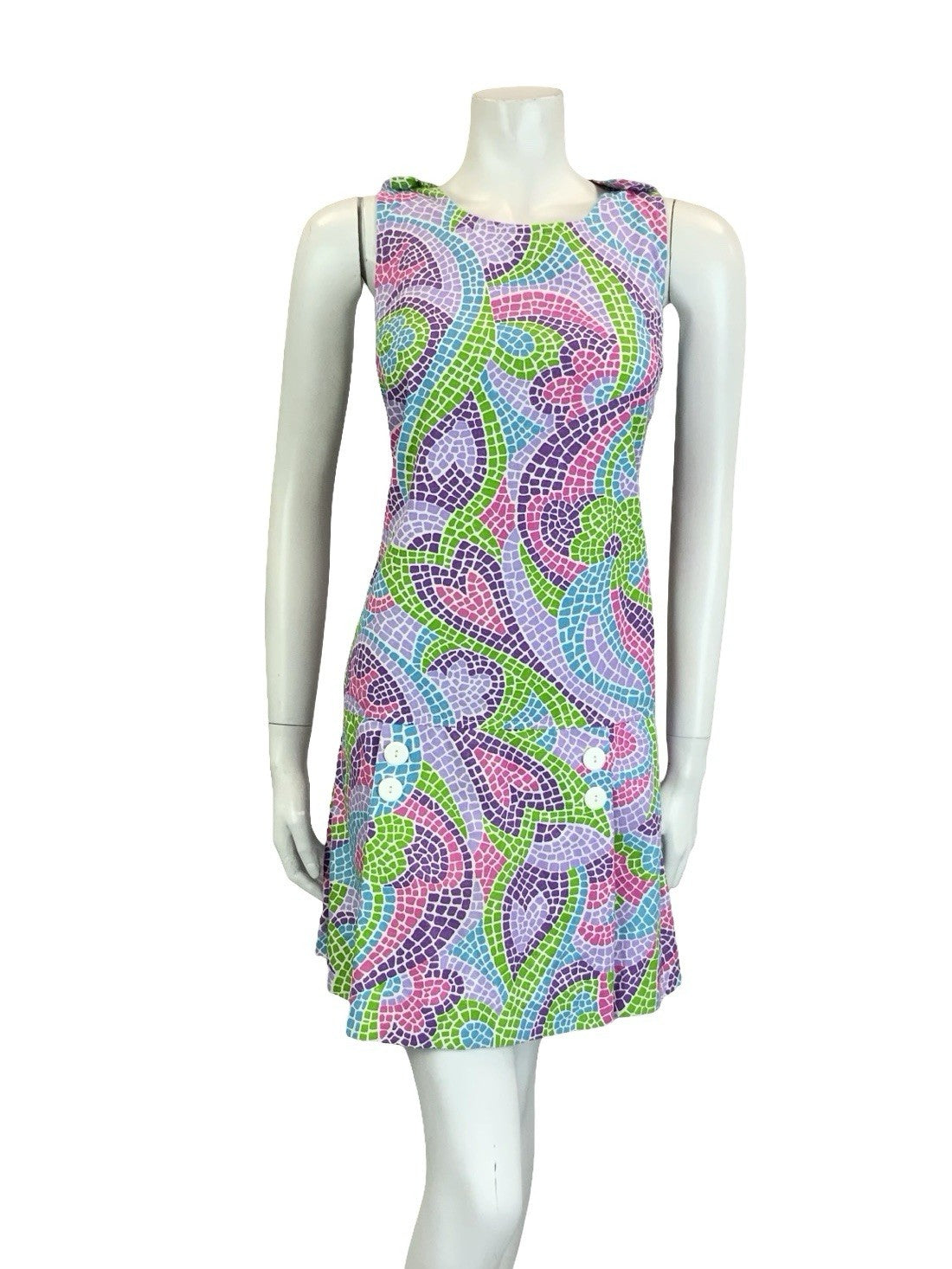 VTG 60S 70S PURPLE GREEN PINK BLUE DOUBLE BREAST MOSAIC SKORT PLAYSUIT 10 12