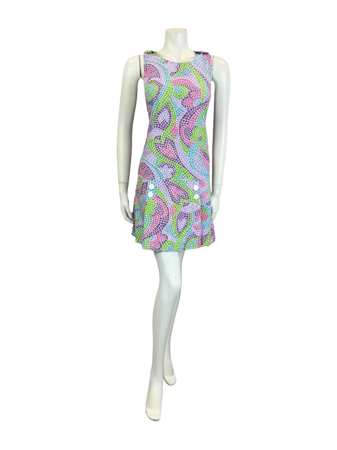 VTG 60S 70S PURPLE GREEN PINK BLUE DOUBLE BREAST MOSAIC SKORT PLAYSUIT 10 12