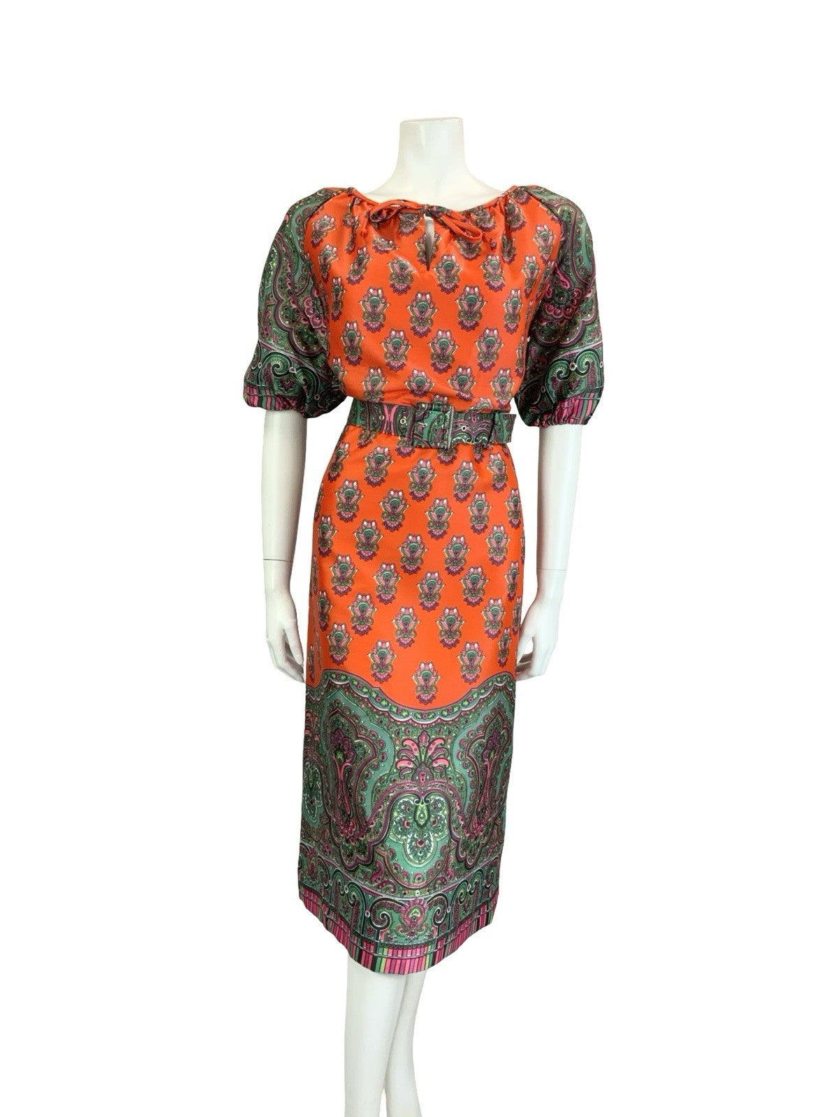 VTG 60S 70S RED GREEN PINK PSYCHEDELIC PAISLEY MANDALA BELTED KEYHOLE DRESS 10
