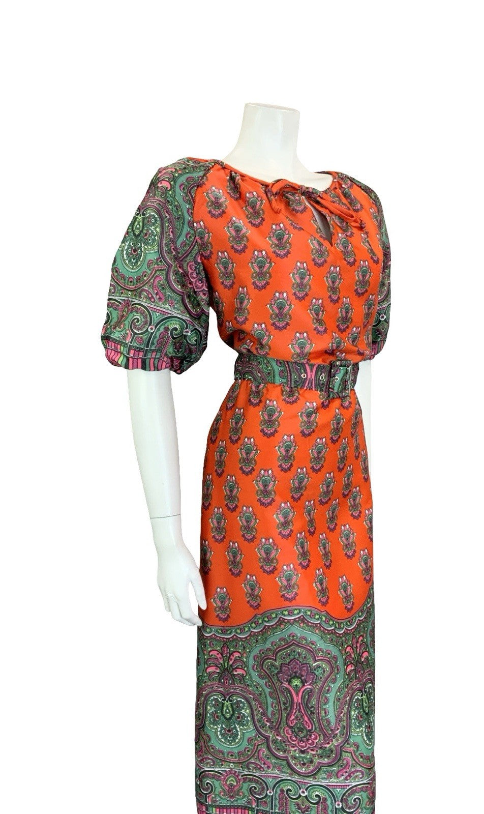 VTG 60S 70S RED GREEN PINK PSYCHEDELIC PAISLEY MANDALA BELTED KEYHOLE DRESS 10