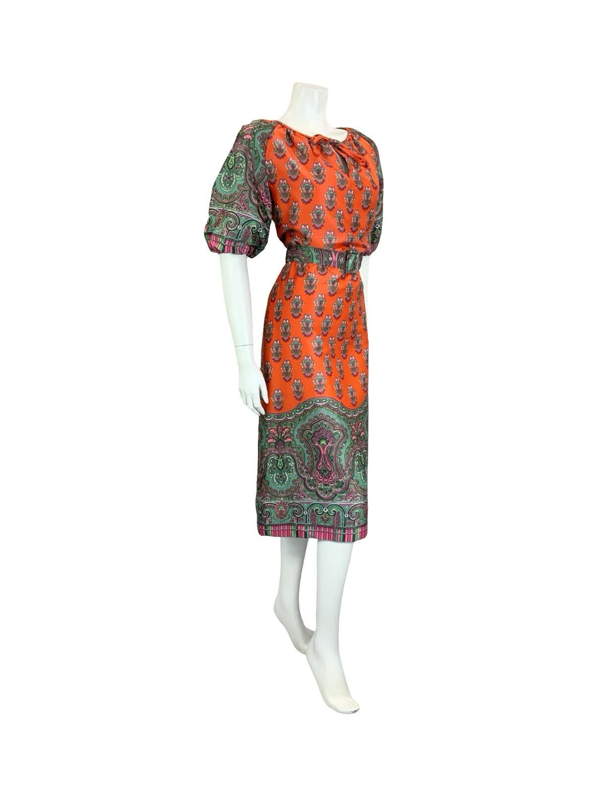 VTG 60S 70S RED GREEN PINK PSYCHEDELIC PAISLEY MANDALA BELTED KEYHOLE DRESS 10