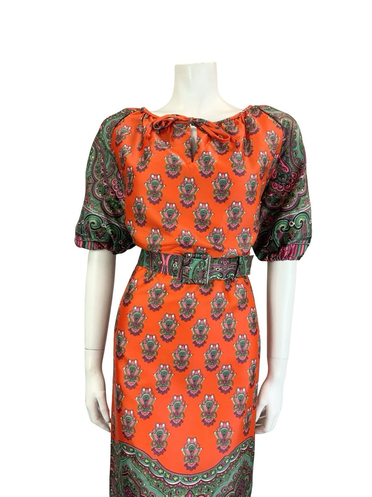 VTG 60S 70S RED GREEN PINK PSYCHEDELIC PAISLEY MANDALA BELTED KEYHOLE DRESS 10