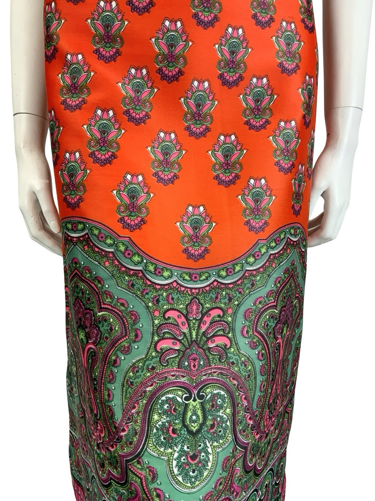 VTG 60S 70S RED GREEN PINK PSYCHEDELIC PAISLEY MANDALA BELTED KEYHOLE DRESS 10