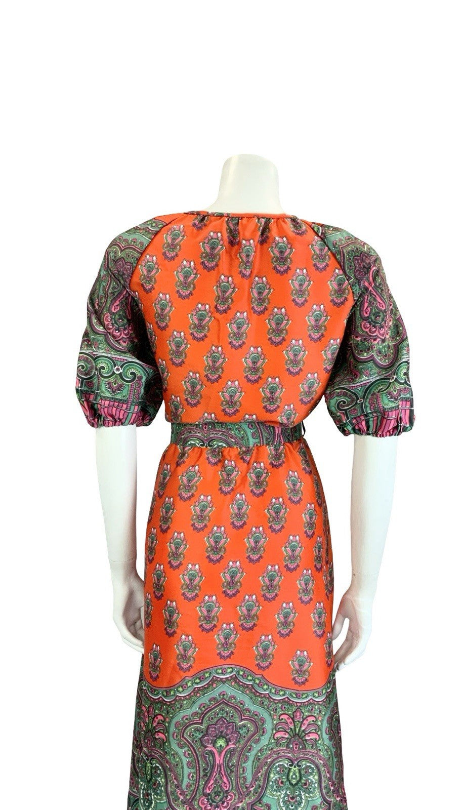 VTG 60S 70S RED GREEN PINK PSYCHEDELIC PAISLEY MANDALA BELTED KEYHOLE DRESS 10