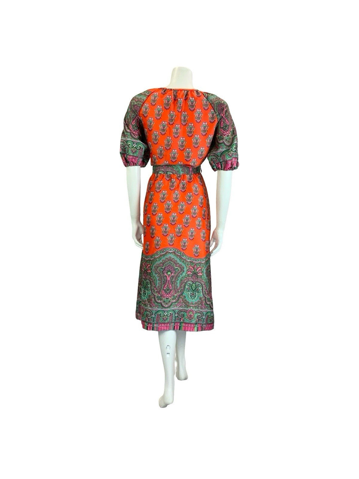 VTG 60S 70S RED GREEN PINK PSYCHEDELIC PAISLEY MANDALA BELTED KEYHOLE DRESS 10